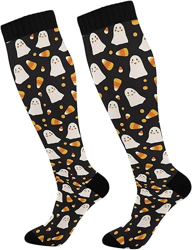 Wusikd Cute Ghost Candy Corn Compression Socks – Fun Halloween Knee-Highs For Running & Circulation