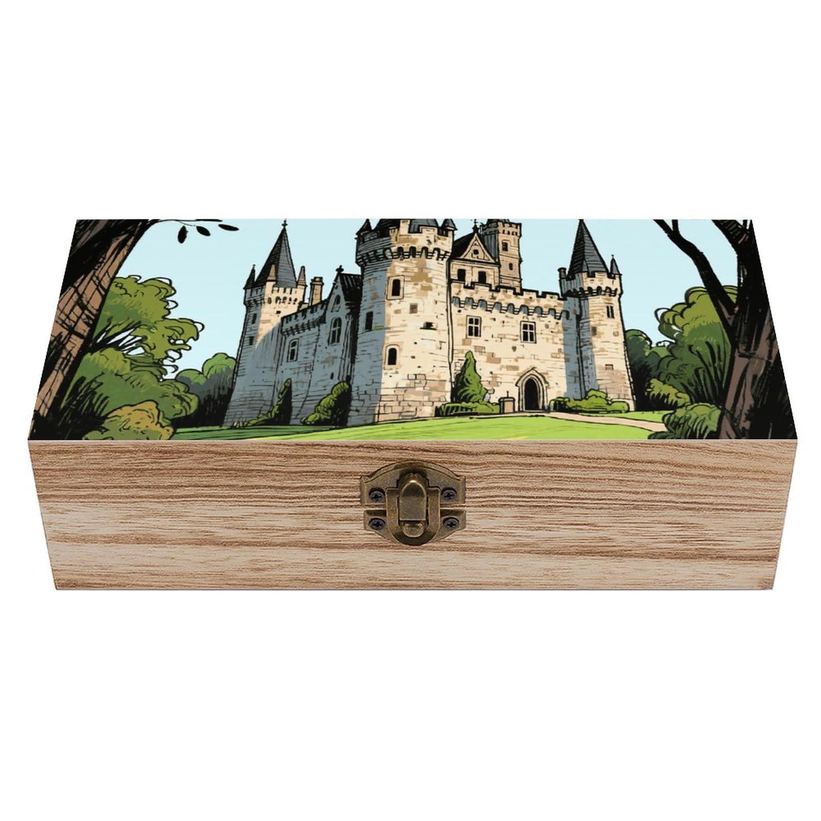 Oudrspo Castle Wooden Keepsake Box Decorative Memory Storage Box with Hinged Lid Small Jewelry Keepsake Boxes for Storing Gift Pictures Letters Time Capsule