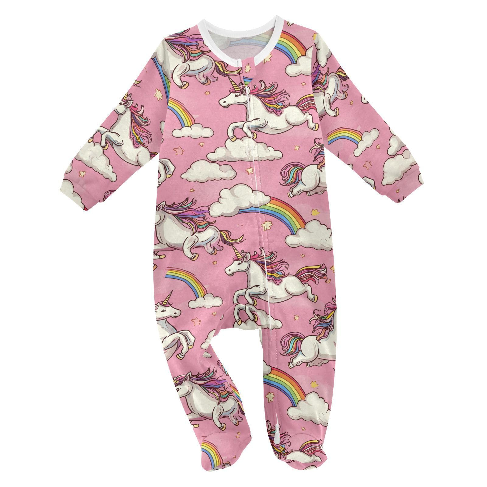 Wusikd Cute Unicorns One-Piece Footies Rainbows Pink Bodysuits Rompers Zipper for Boys Girls 3M