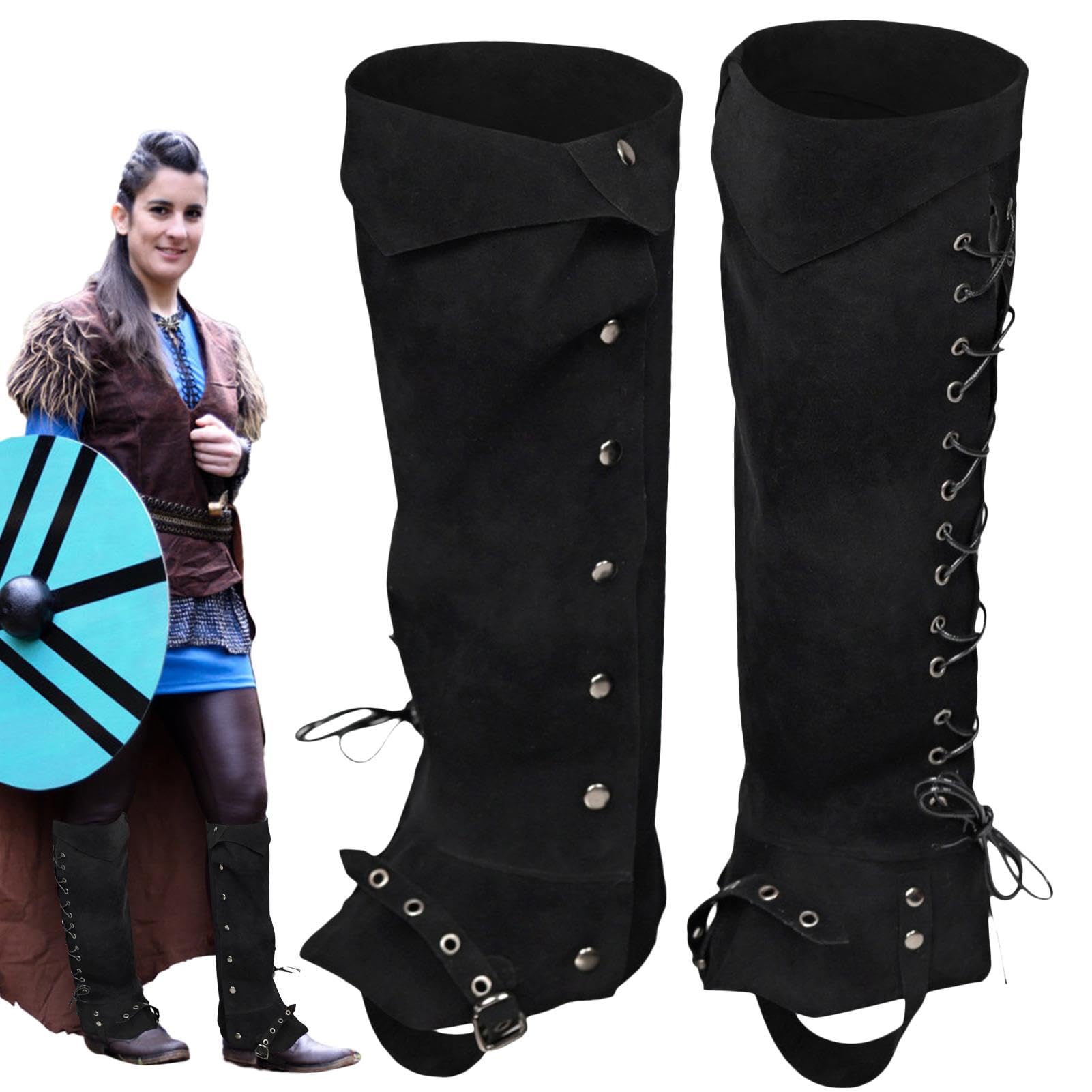 Couvre-bottes de pirate médiévales pour homme en similicuir de la Renaissance pour homme, guêtre de protection de jambe réglable pour Halloween, cosplay (noir)