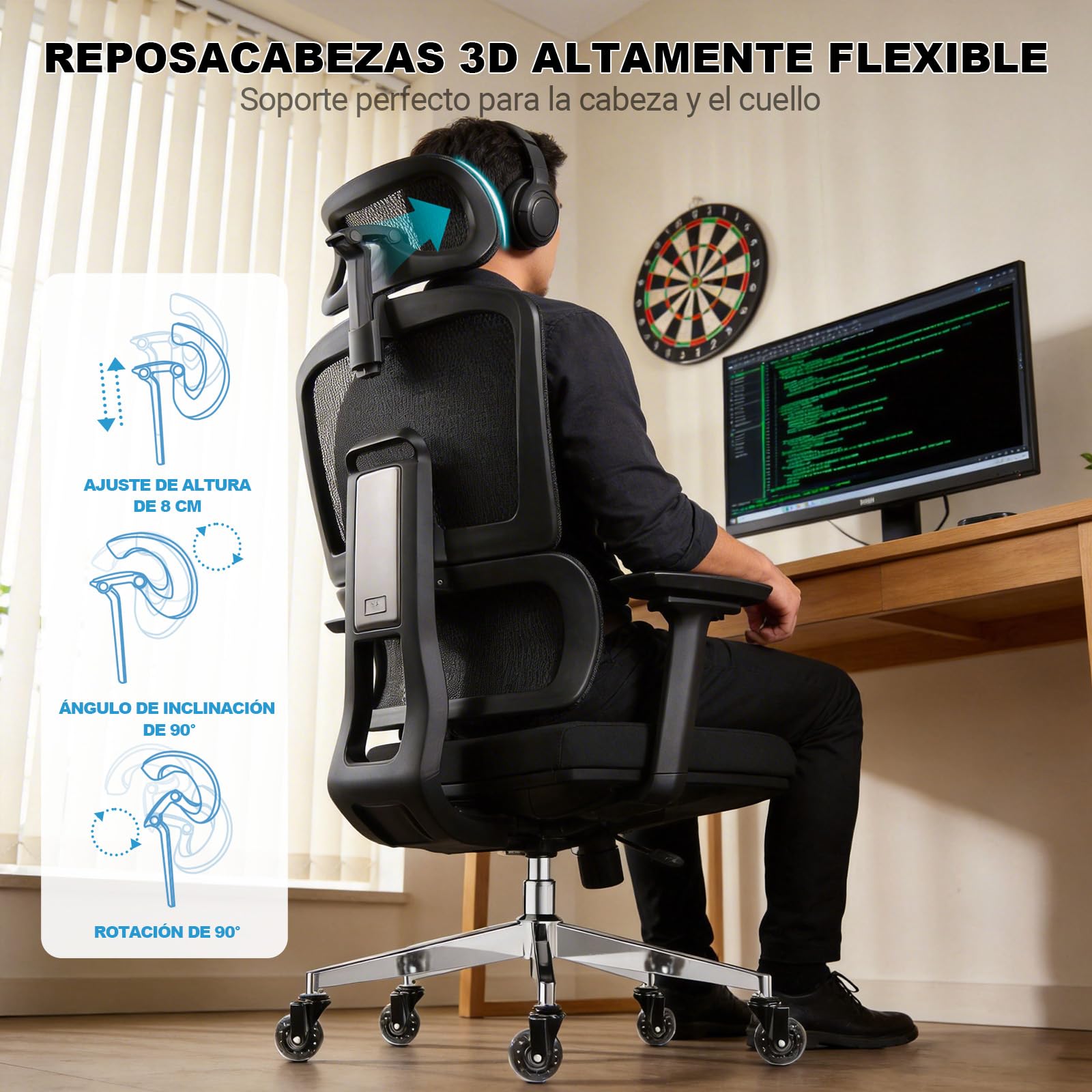 MELOKEA Silla de Oficina Ergonómica 200 kg | Respaldo Ajustable 6P | Reposabrazos 4D | Ruedas de Goma Silenciosas | Profundidad del Asiento Ajustable | Silla de Escritorio para Personas Grandes | Silla de escritorio para personas grandes con soporte lumba
