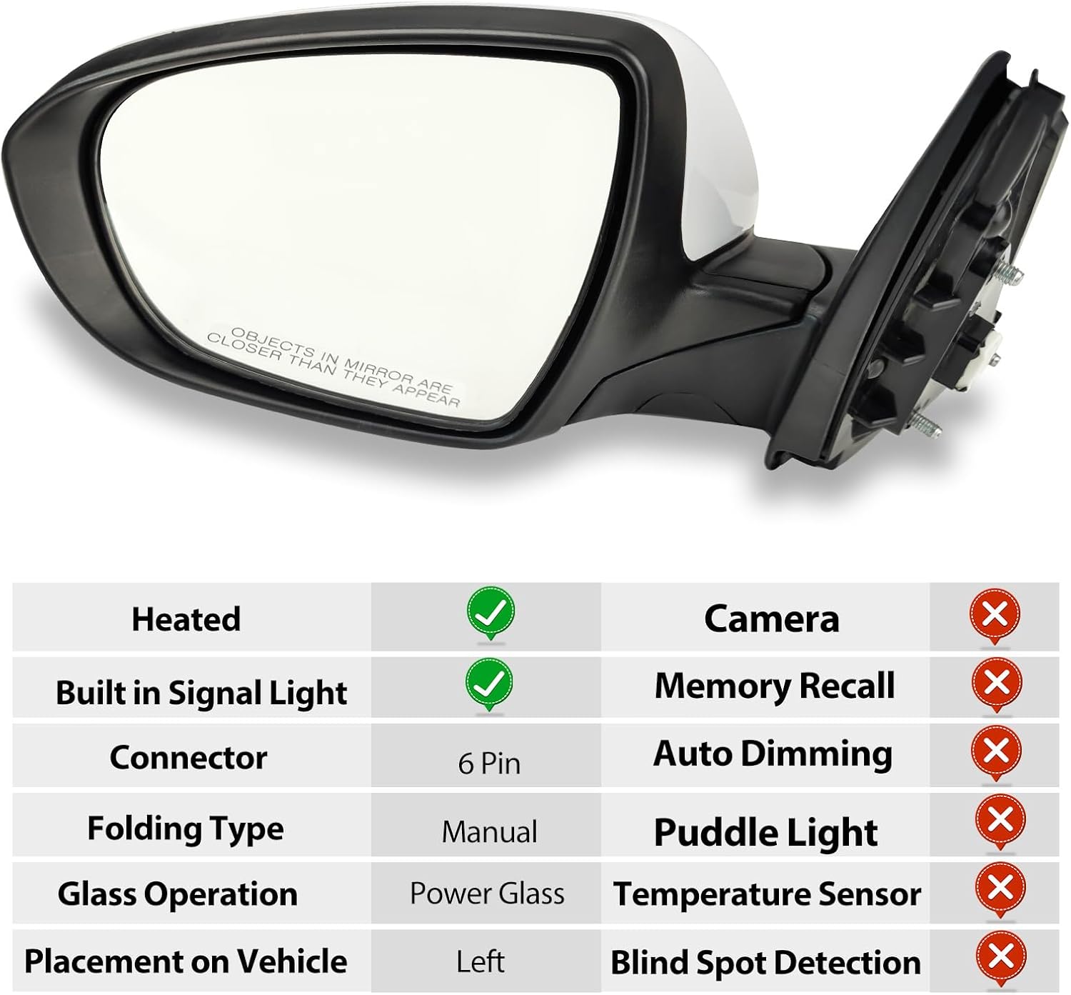 Side Mirror Compatible With Kia Optima 2011 2012 2013, Outside Rear View Mirror With In-housing Signal Light, Heated, Manual Folding, Power Glass, Painted, Left Driver Side, White