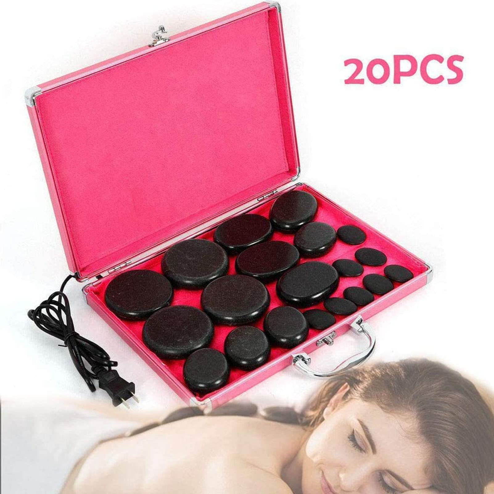 Juego De Masaje con Piedras Calientes, 20 Piezas De Piedras Calientes De Basalto con Kit De Calentador, Equipo Profesional De Masajeadores De Espalda, para SPA En El Hogar, Relajación, Curación