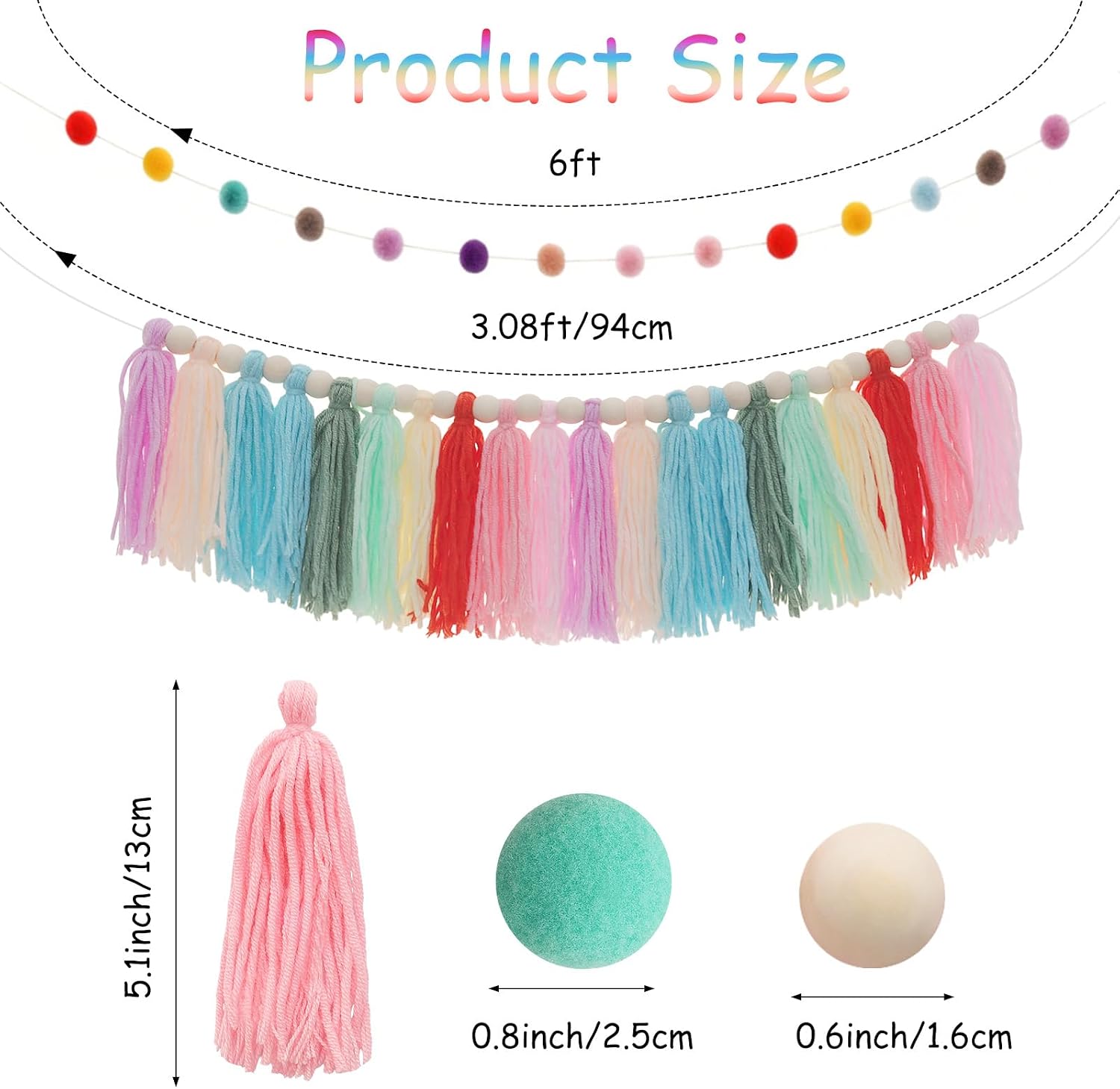 Avxdbr 2Pcs Boho Rainbow Tassel Garland Colorful Pom Pom Tassel Banner image 2