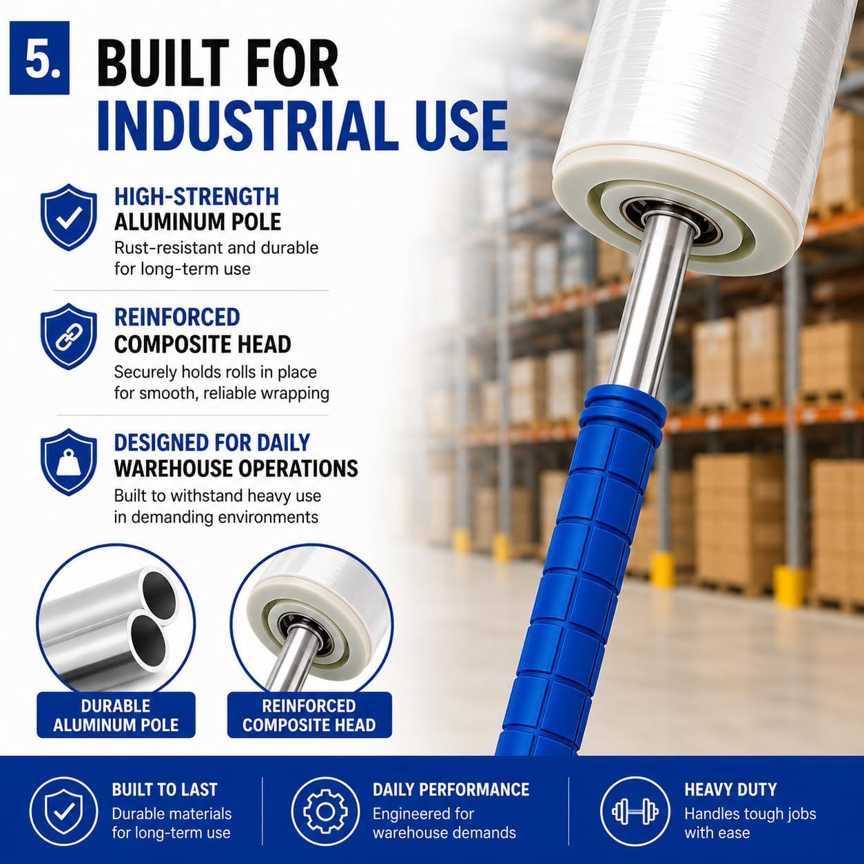 Heavy Duty Stretch Film Dispenser Pole Holder, 48 Inch Extra Long Handle, Fits 12" to 24" Rolls with 2" to 3" Core, for Pallet Wrapping