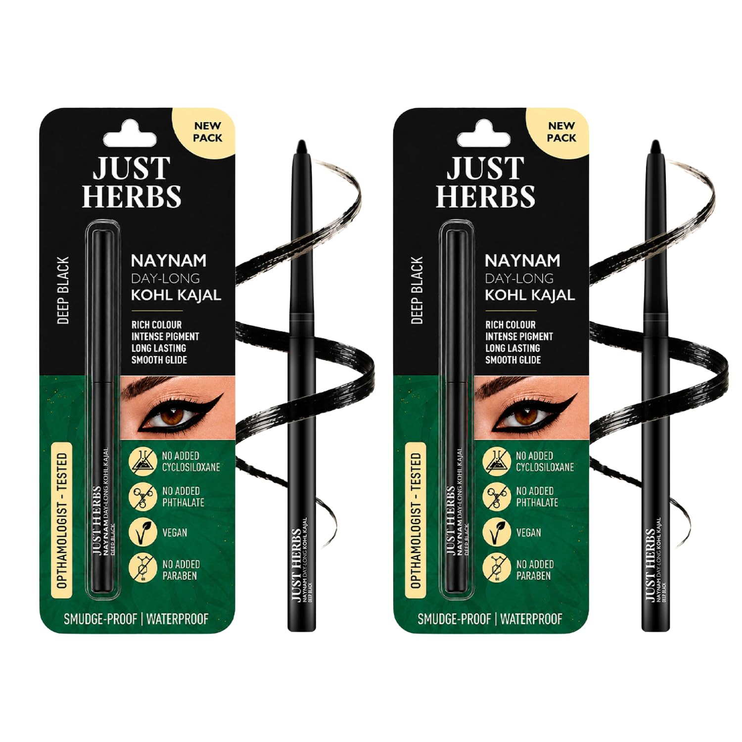 Just Herbs Retractable 2 in 1 Herbal Eyeliner + Matte Kajal with Almond Oil & Vitamin E, 11 Hour Stay, Singlestroke, Smudgeproof & Fadeproof - Black 0.3g (Pack of 2)-image-18