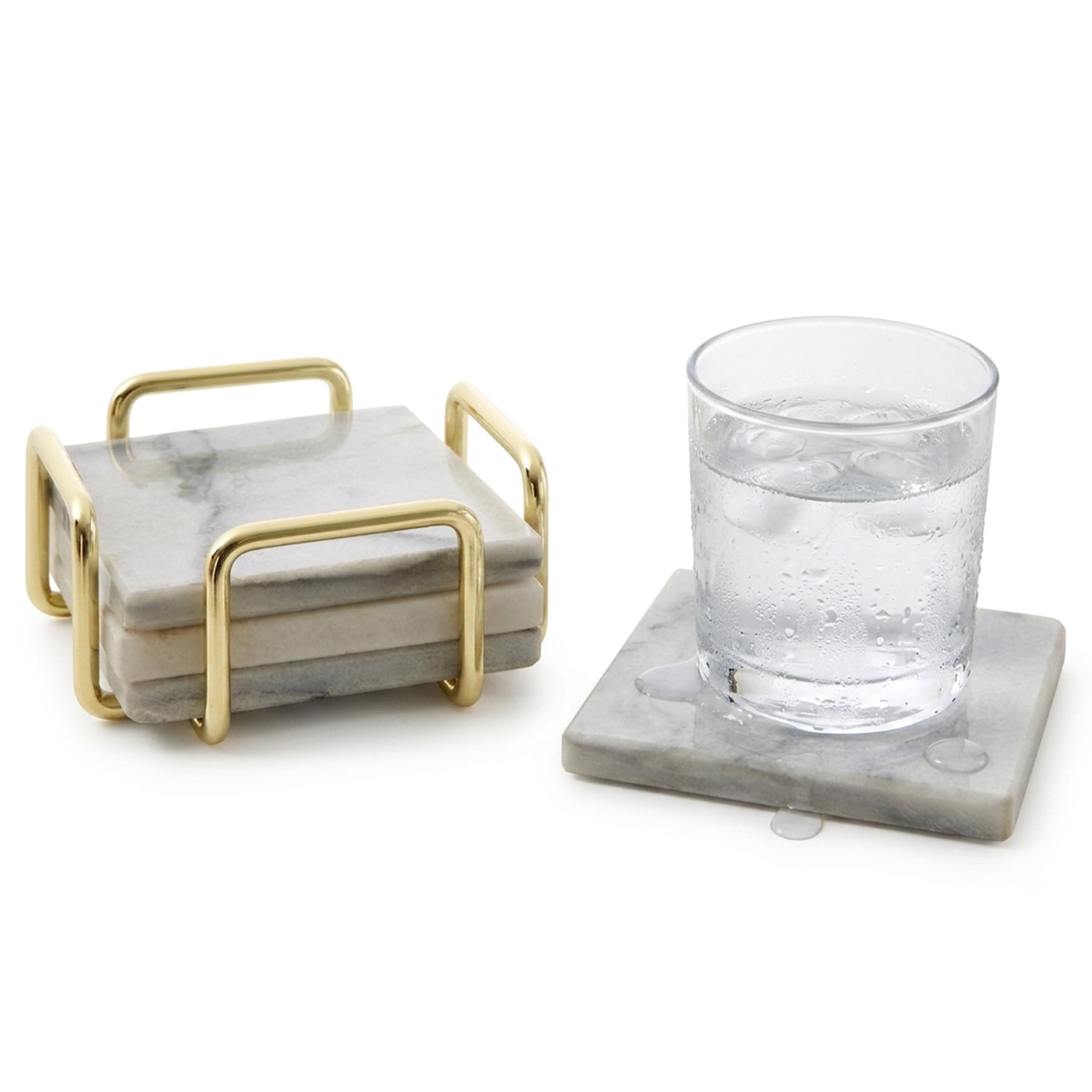B&Q -  Set Of Four White Marble Coasters With Brass Finish HolderDurable Natural Stone Coasters