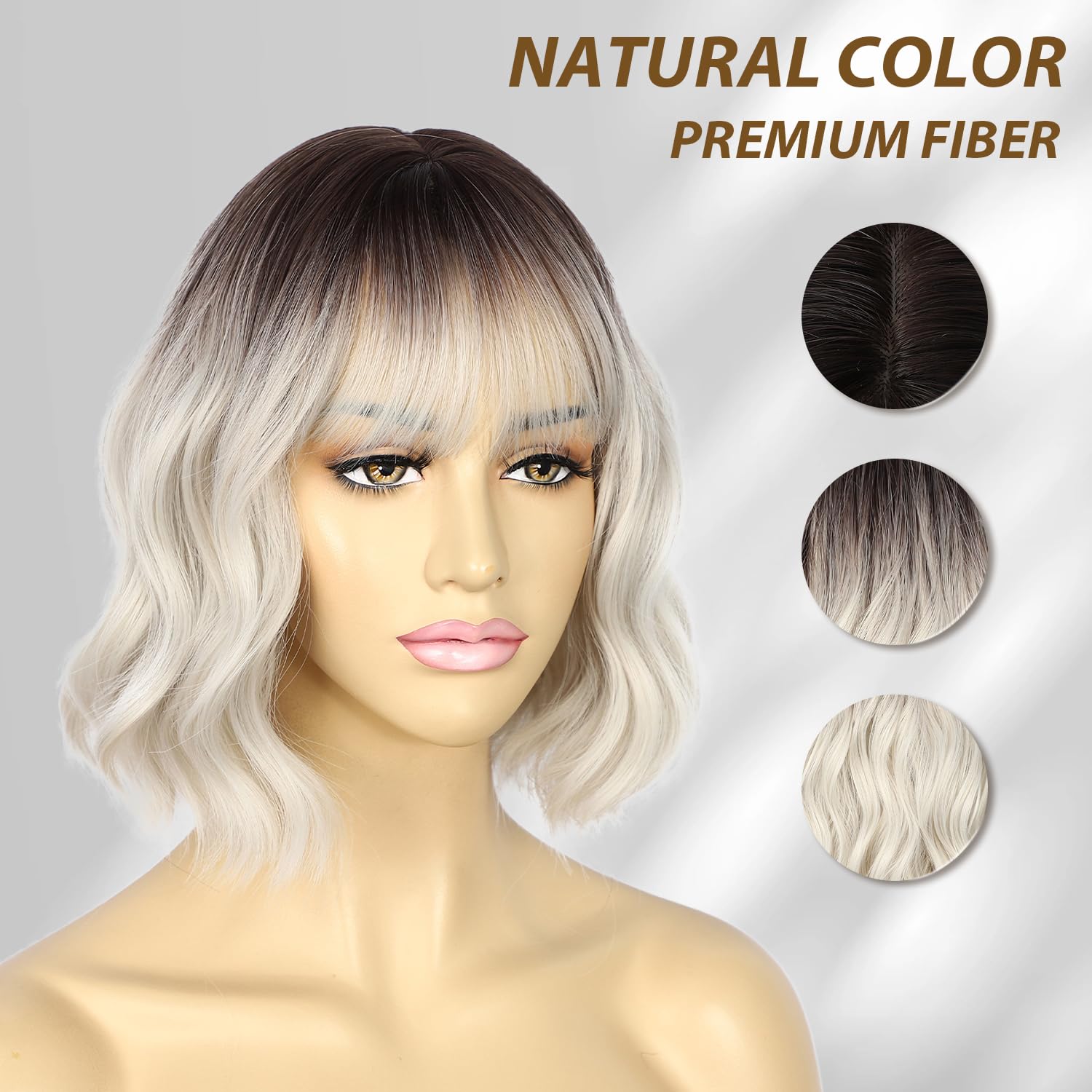 Sapphirewigs Silver Wig Synthetic Short Wavy Bob Wig Fringe Ombre Grey Dark Roots Daily Party Date Christmas Halloween Natural Looking Hair 12 inch - Image 4
