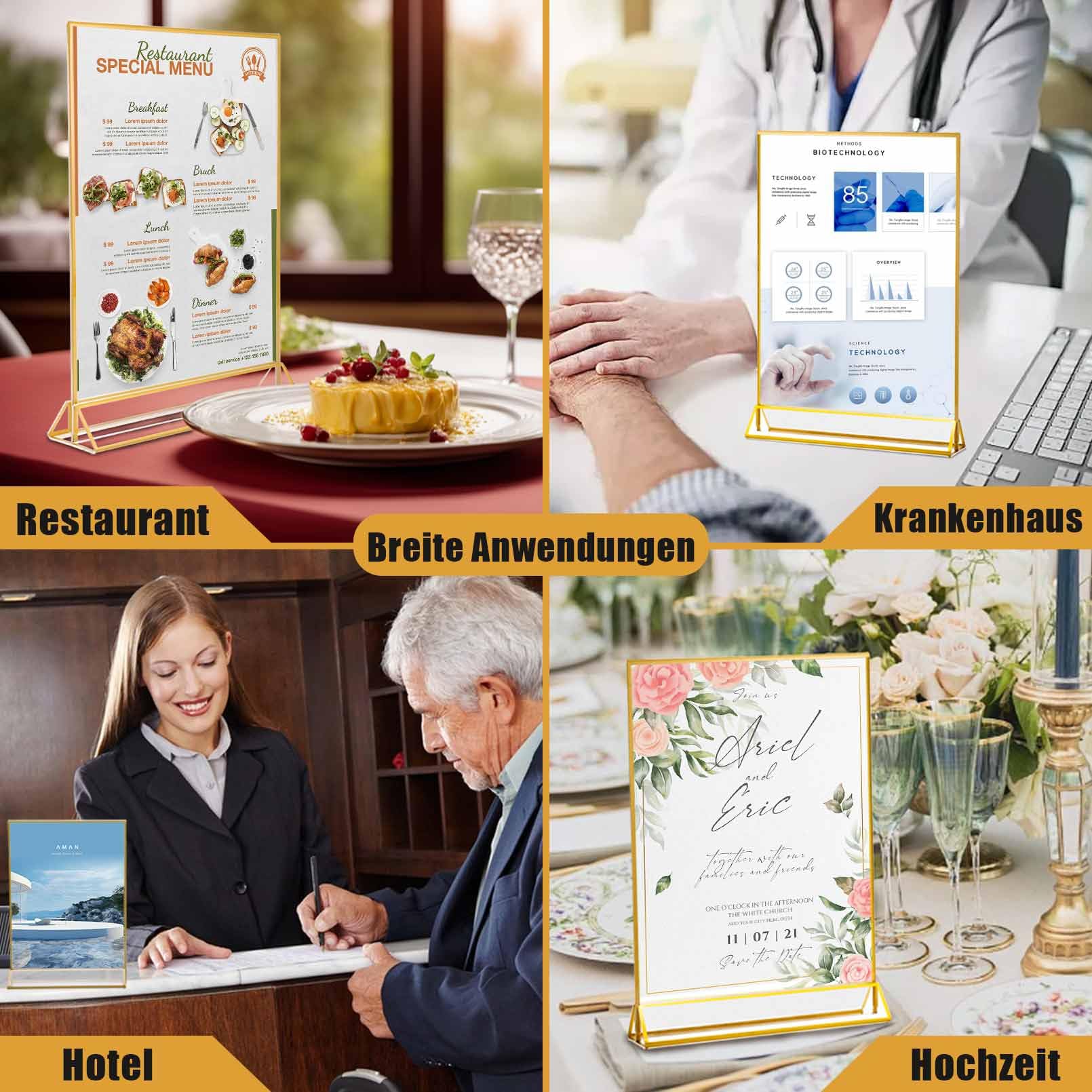 4 Stück Acryl Schilderhalter mit Goldrand,A4 Bilderrahmen mit Goldenen Rändern und Vertikalem Ständer,Tischaufsteller A4,Doppelseitige Bilderrahmen Gold für Hochzeitsti Schnummern,Restaurant