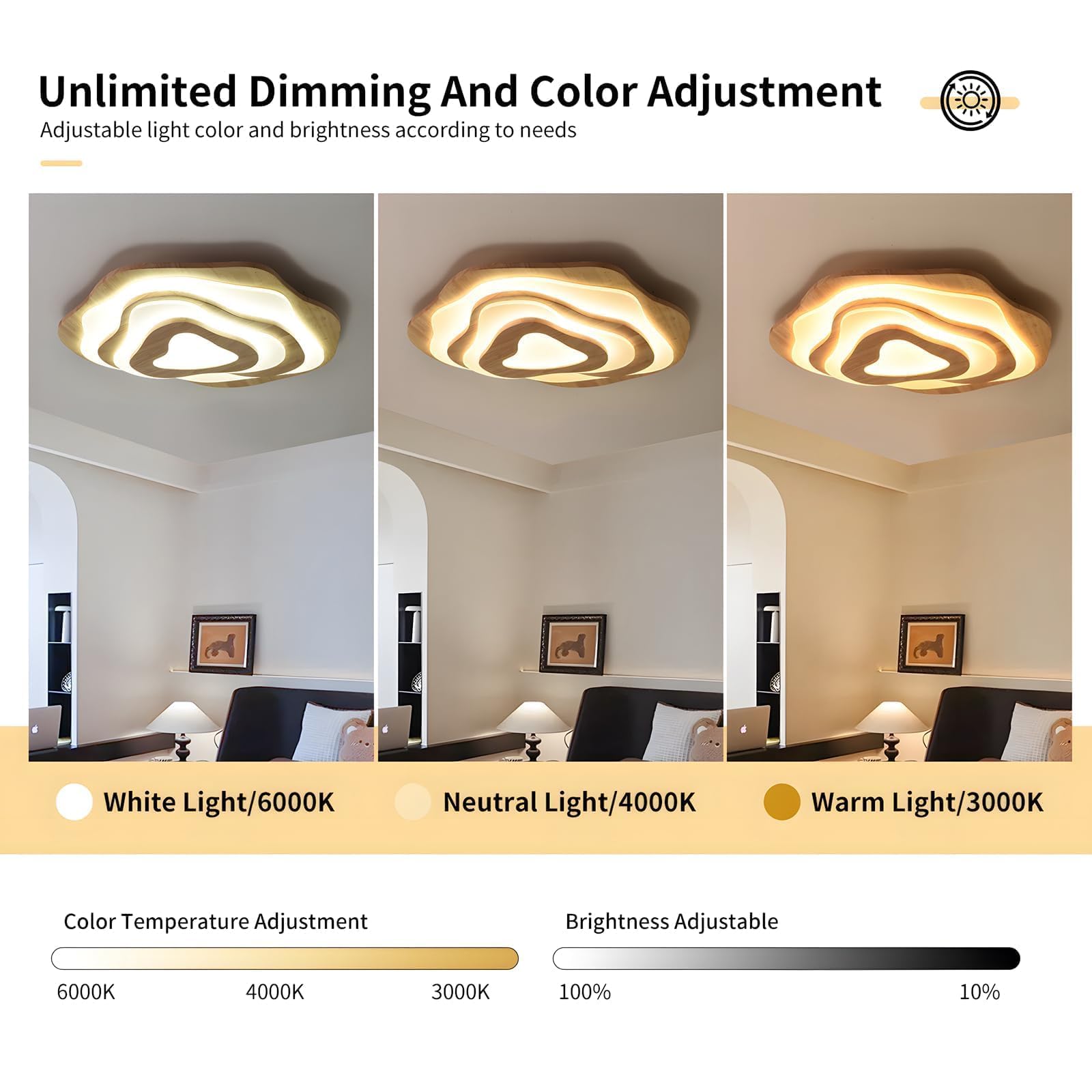 Plafoniera a LED in legno, 50 W = Ø 57 cm, 3500 lm, 3000 K-6000 K, dimmerabile, per camera da letto, soggiorno, paralume in acrilico a forma di cuore, moderna lampada da soffitto rotonda