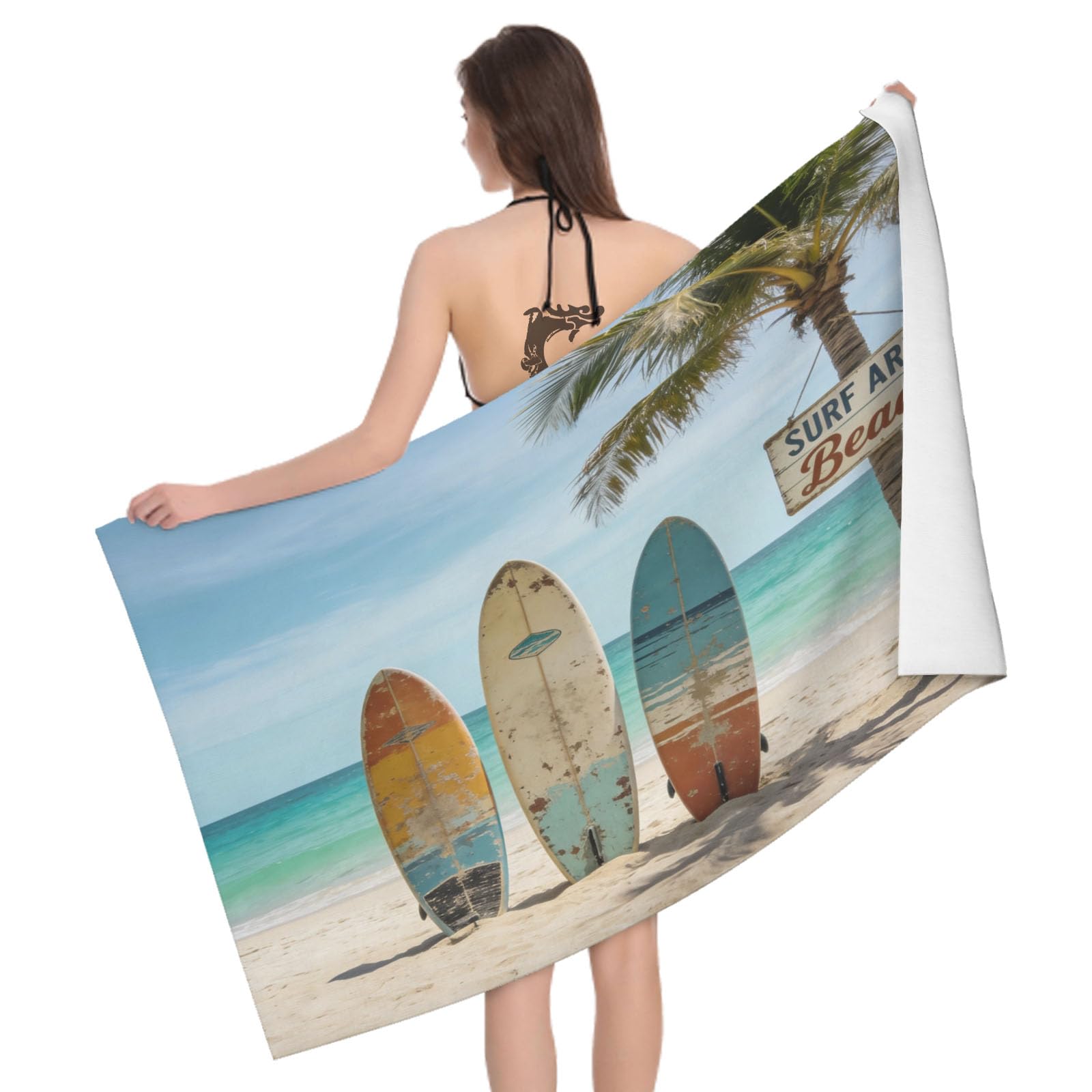 Leichong 3D Vintage Surfboard Beach Towel Microfiber Soft Quick Dry for Adults, Palm Trees Bath Towel Lightweight Soft Absorbent for Travel Swimming Pool Sports, 75 x 150 cm