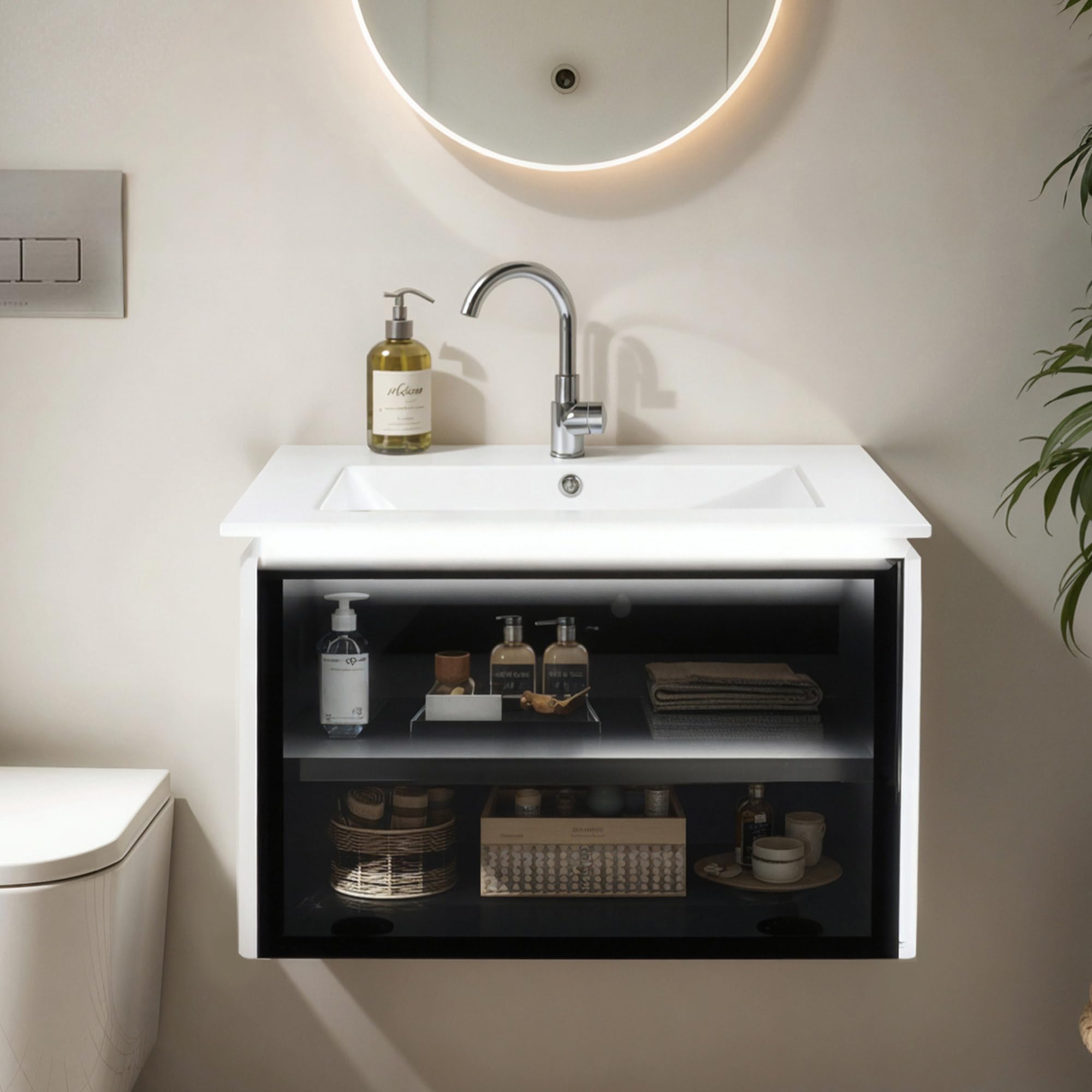 Mueble de baño suspendido moderno para renovar tu aseo con lavabo de cerámica blanca