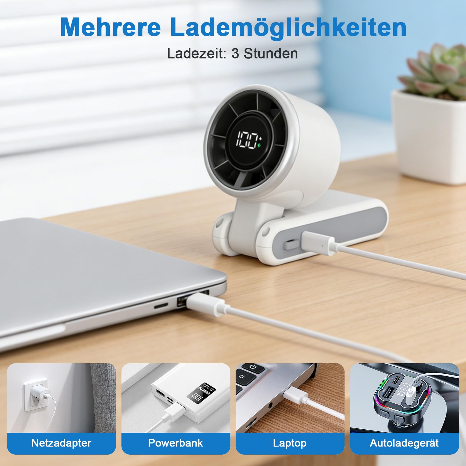 SURFOU Wentylator ręczny 4000 mAh, przenośny mini wentylator turbo z 5 stopniami, wskaźnik LED, składany, 3 w 1, ładowanie przez USB, wydajny do biura, podróży i na zewnątrz, biały