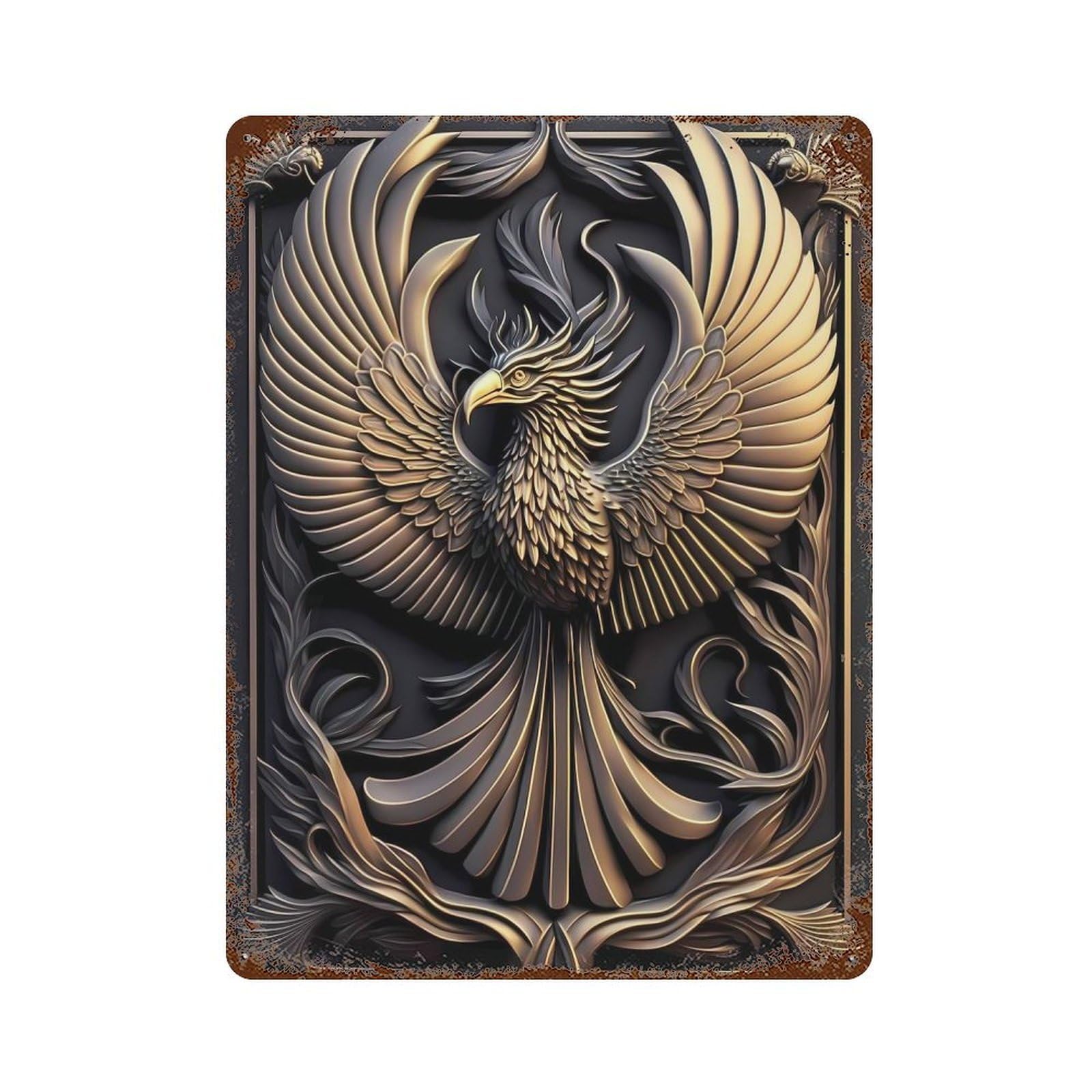 Noble Golden Phoenix Rust Effect Tin Sign 15.7"x11.8", Vintage Wall Decor for Pub, Kitchen And Man Cave Decor