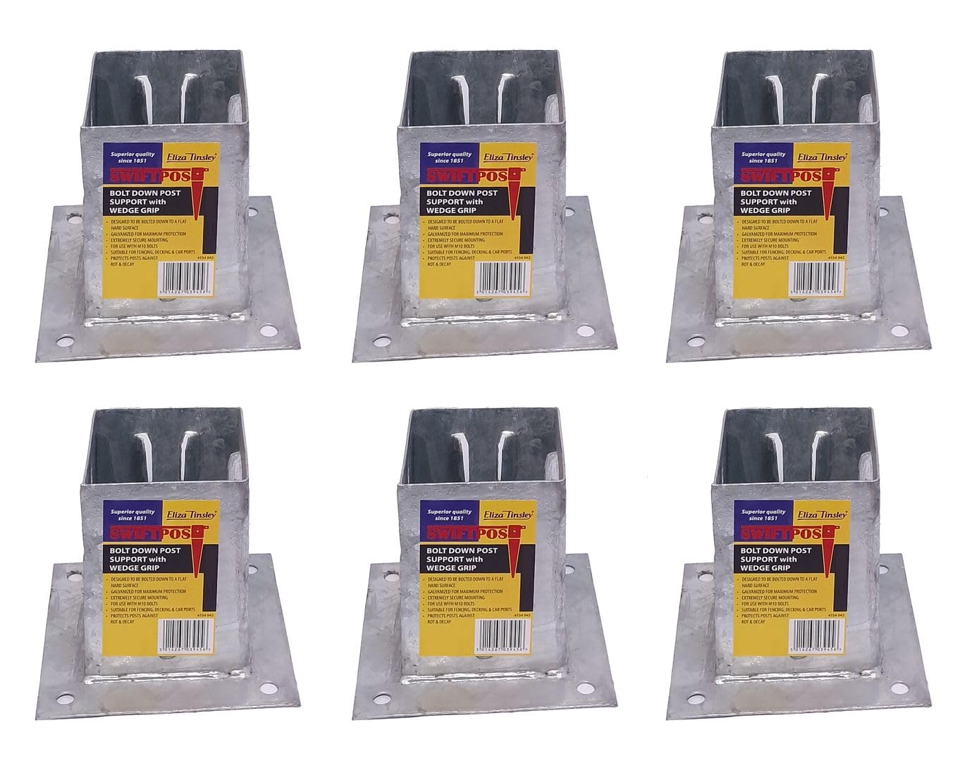 6 x Fence Post Holder 100mm posts Support Bolt Down Shoe Anchor Wedge Grip Galvanised for 100mm x 100mm posts (4") Eliza Tinsley Swiftpost, Pack of 6
