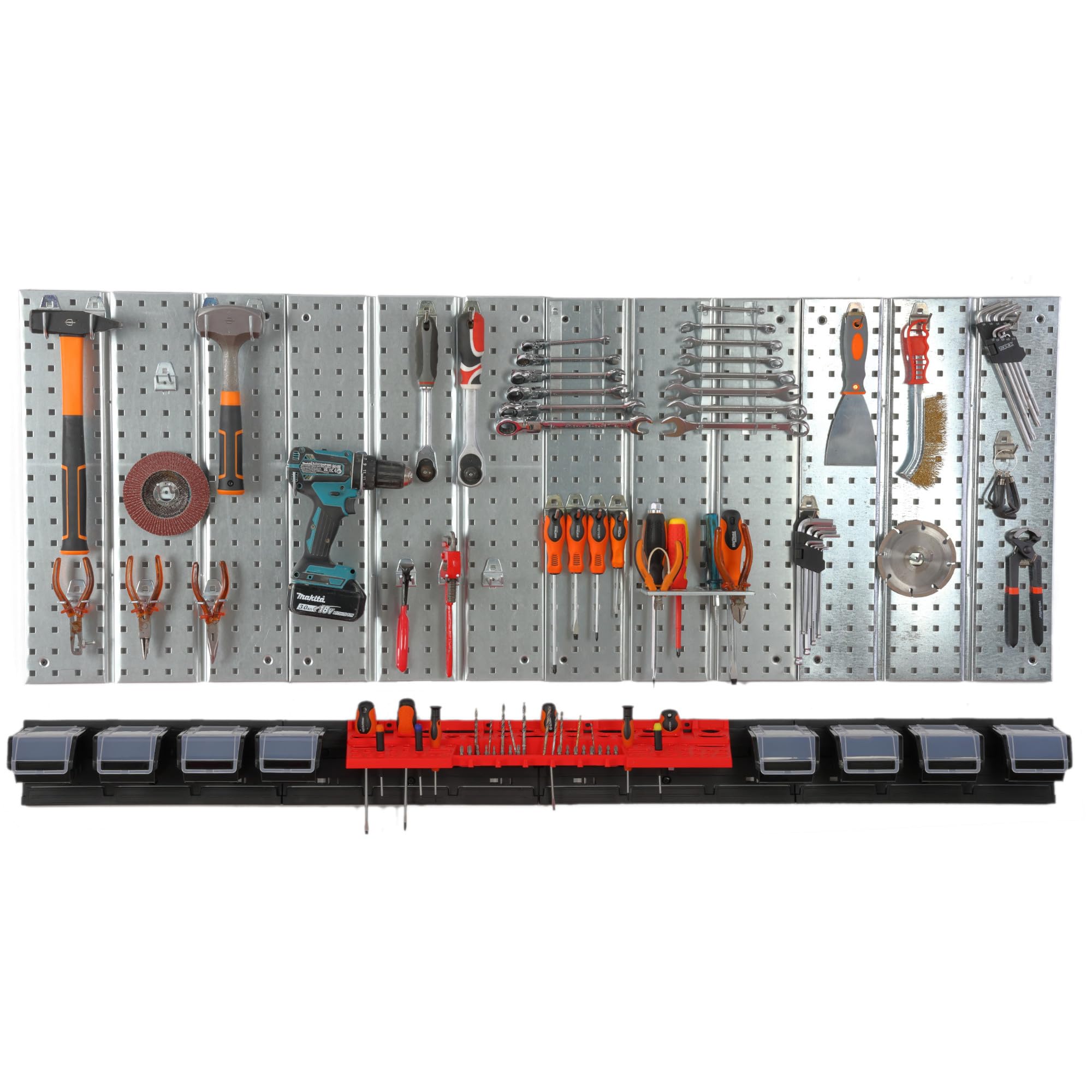 Metalowa ścianka narzędziowa 156 x 72 cm, system przechowywania z uchwytami na narzędzia, hakami narzędziowymi i 8 pudełkami do układania w stos 100 x 150 x 70 mm, kolor: czarny, deska perforowana do