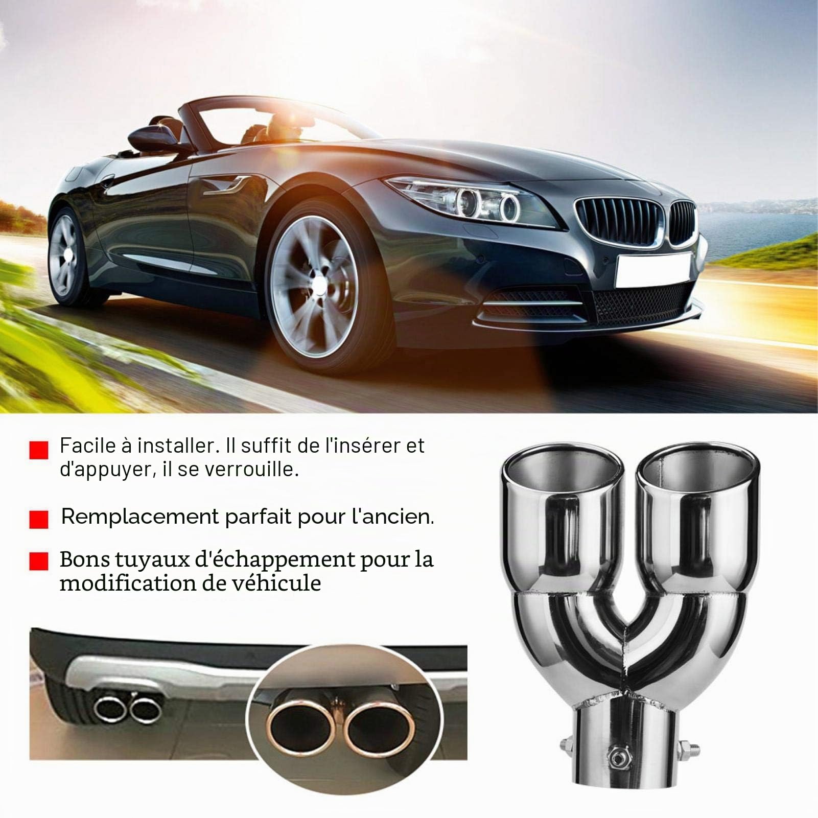EBTOOLS pour embout echappement Tuyau D'échappement Tuyau de Voiture à Double Sortie D'échappement Silencieux en Acier inoxydable Conseils de Silencieux 63-76-220