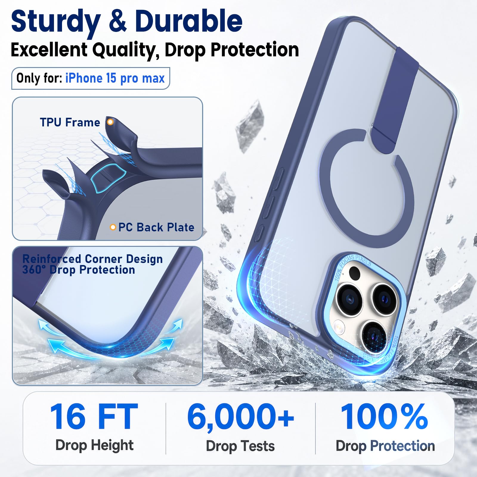 Cover magnetica per iPhone 15 con MagSafe & 2 lenti temperate, custodia antiurto con magnete N52, ultra leggera con supporto in metallo e rivestimento anti-impronta blu