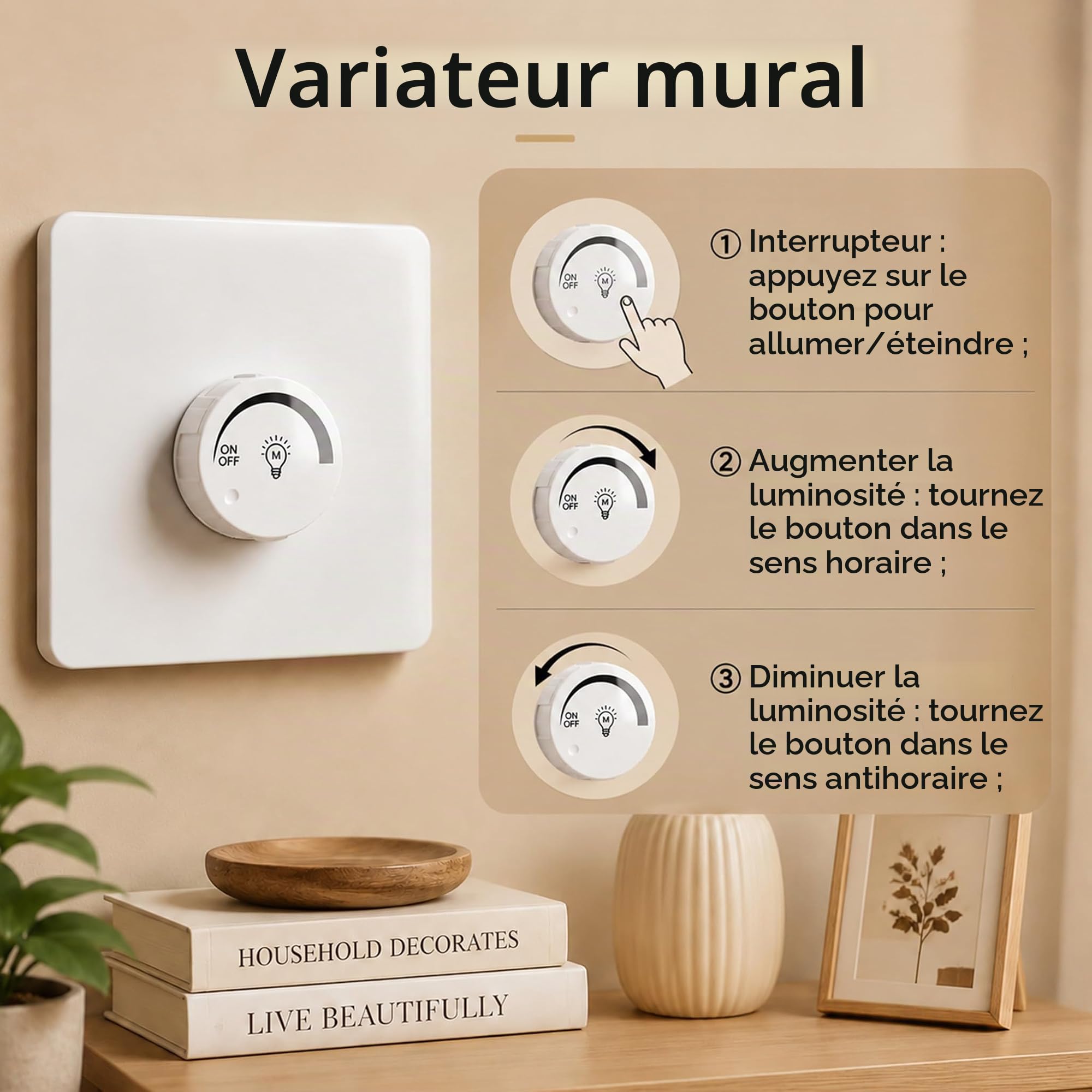 Interrupteur Variateur LED Blanc 87x87 mm, Variateur Lumiere LED avec Interrupteur Rotatif Universel, Interrupteur Dimmable pour LED à Intensité Variable, Réglage Progressif
