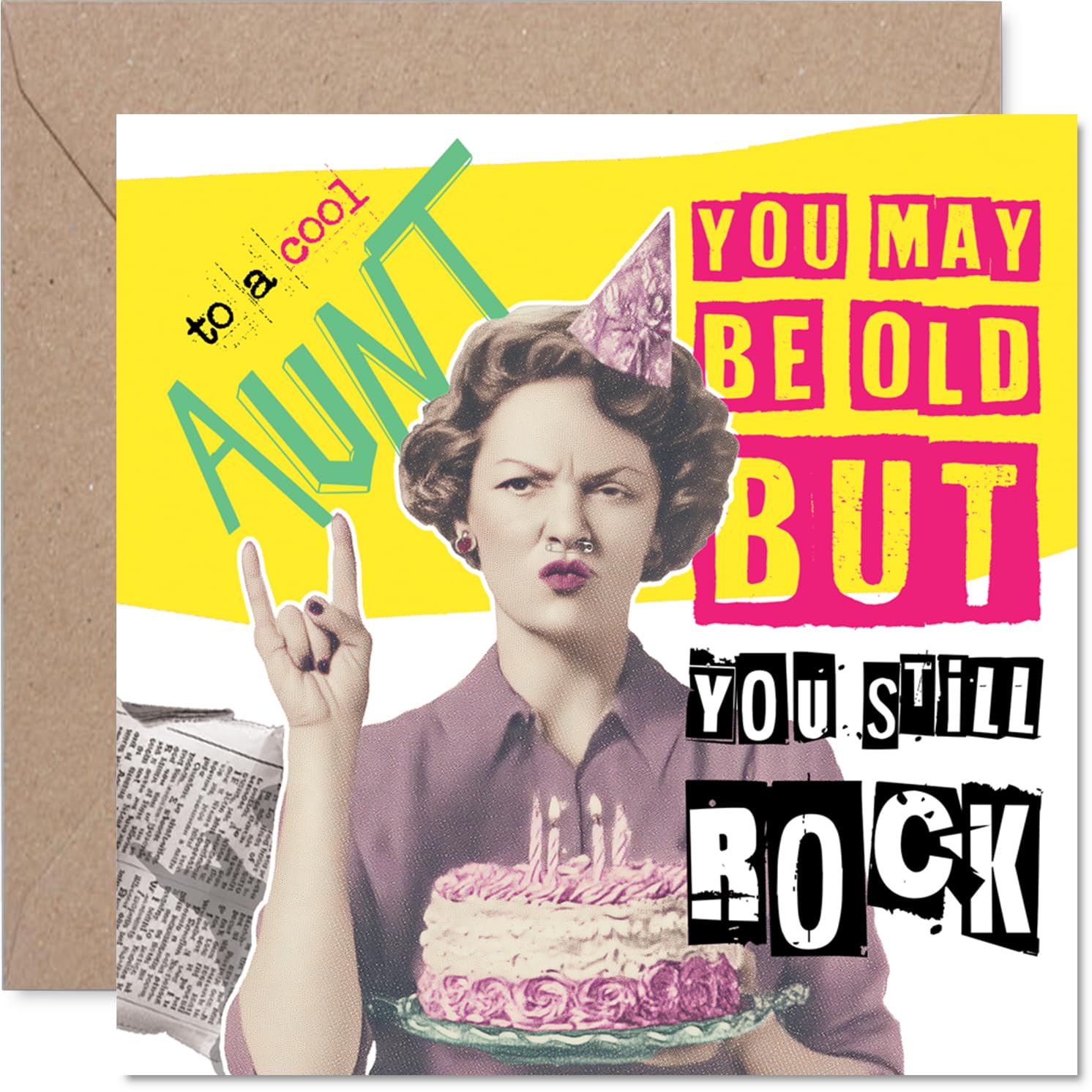 Cheeky Birthday Card for Aunt - Old but Still Rocking - Vintage-style Woman with Cake and Bold Playful Text - 145mm Square, Envelope Included
