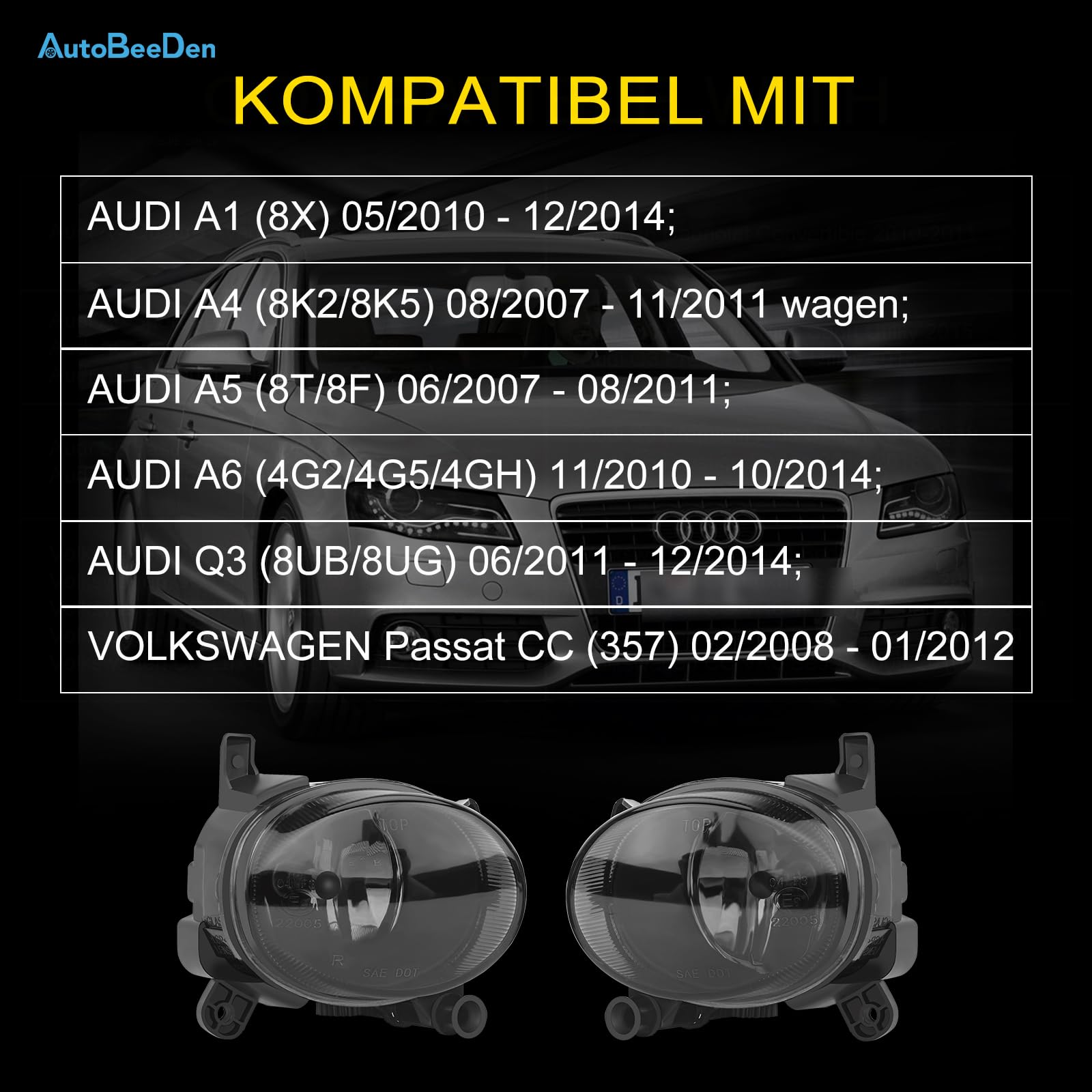 Reflektor przeciwmgielny kompatybilny z Audi A1, A5, A6, Q3, A4, 8X, 8K2, 8K5, 8T, 8F, 4G2, 4G5, 4GH 8UB 8UG, Volkswagen VW Passat CC 357, 06/2007-12/2014 (czarna soczewka)