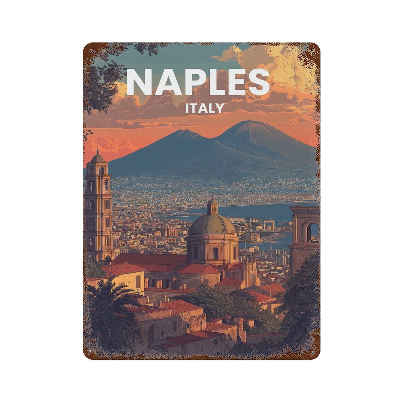 Rust Effect Naples, Italy Cityscape with Mount Vesuvius Weathered Tin Sign 15.7"x11.8", Shabby Chic Decor for Cafe, Home Bar And Lounge Decor