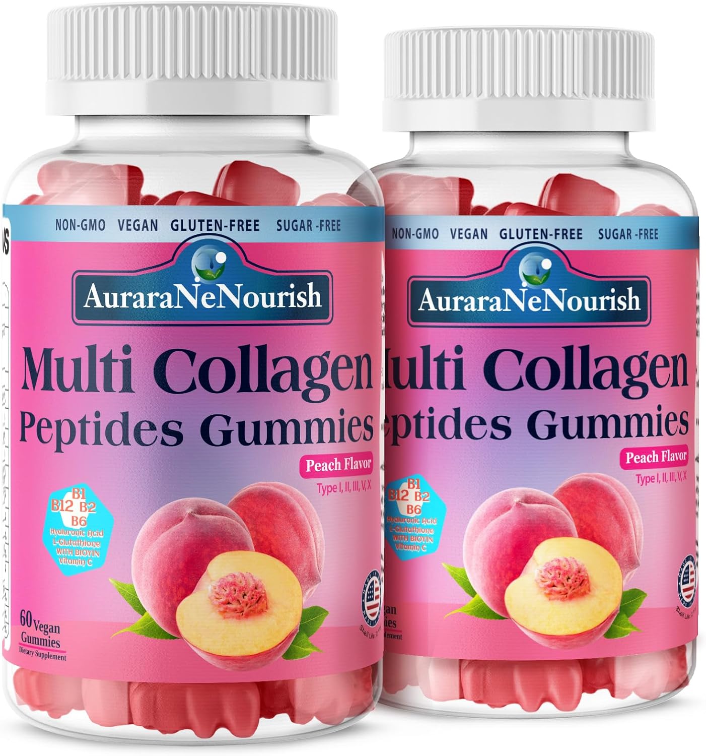 2 Pack Multi Collagen Peptides Gummies, Sugar Free Hydrolyzed 5000mg Protein丨Type I,II,III,V,X with Biotin Hyaluronic Acid Vitamin C A D B6 B12 for Skin Hair Nail & Joint -Strawberry