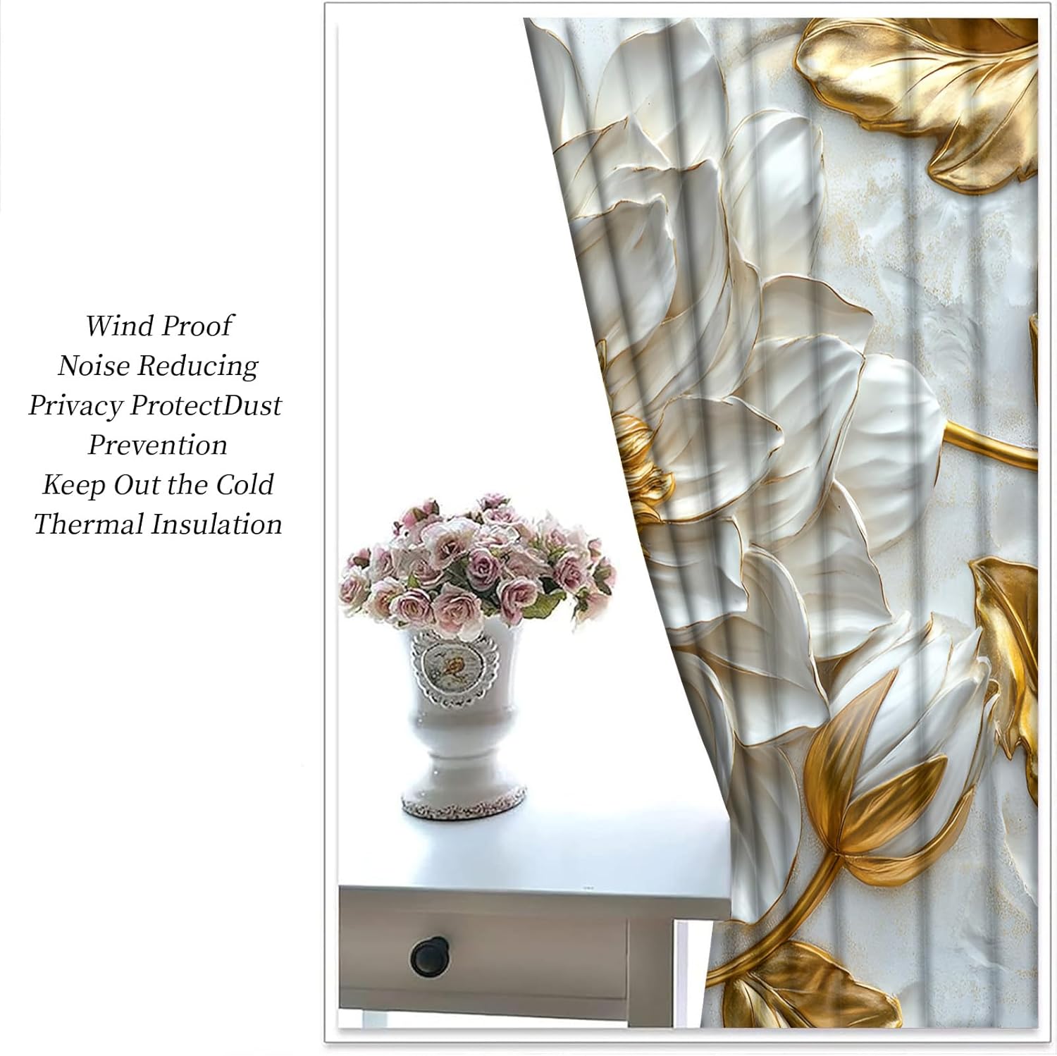 Blackout Curtains - 3D Floral Curtains & Home Decor, White Embossed Florals Curtain for Windows, Drapes for Bedroom, Grommet & 2 Panels, European Luxury Gold Living Room Decor