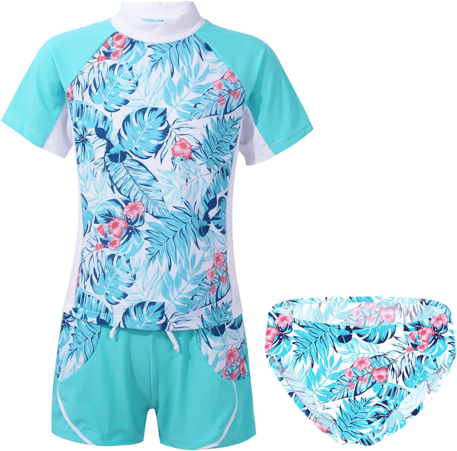 3Pcs Girls Rashgurad Shirts with Swim Shorts Briefs Swimsuit UPF 50+ for Swimming Surfing