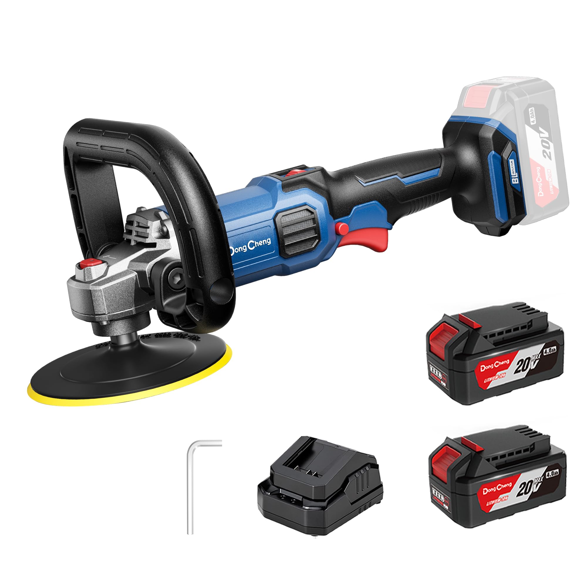 DongCheng Pulidora a batería para coche, 2x 4,0Ah, rotativa sin escobillas, arranque suave, disco 150mm, 6 velocidades – Ideal para mantenimiento de pintura y eliminación de rayones, certificado CE