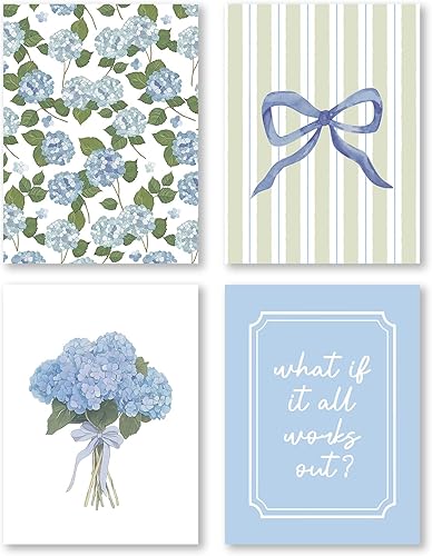 Miniatura 18 de Pleonox Juego de 4 impresiones artísticas florales de hortensias preppy retro de moda de 8 x 10 pulgadas, con texto en inglés «How Lucky Are We Azul