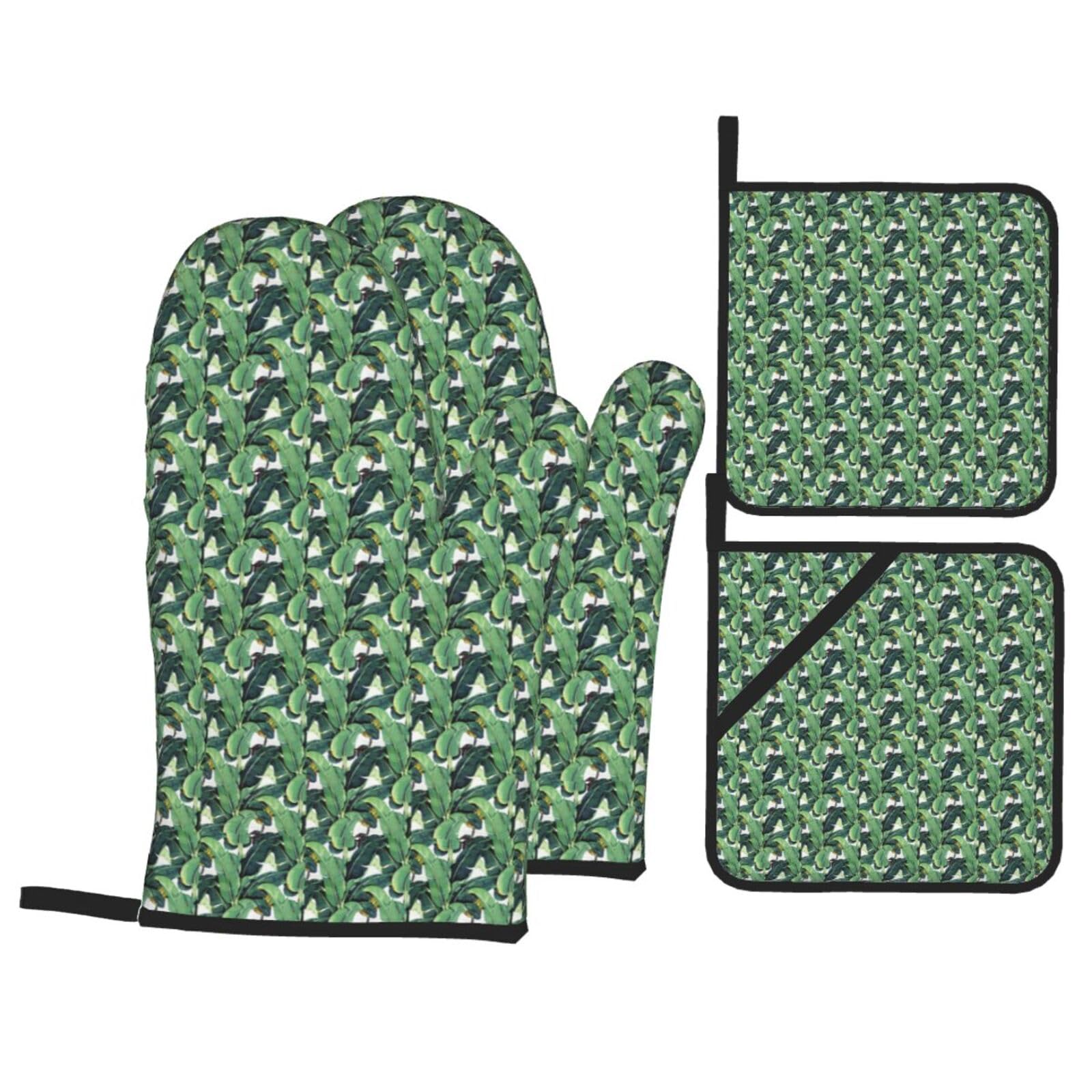 Tropical Banana Palm Leaves Print Stylish Heat-Resistant Oven 4-Piece Set Kitchen Gloves Roasting Daily Cooking