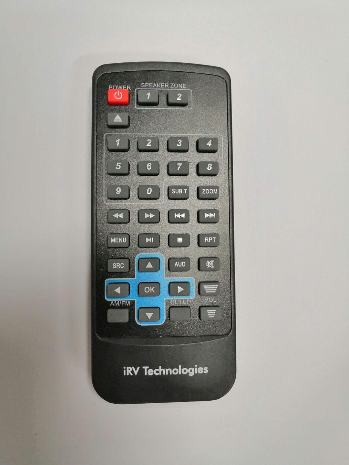 Przód view of the IRV-R2 remote control, showing all buttons and their labels.