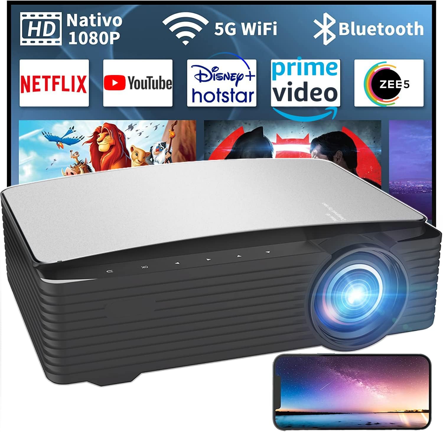 BYINTEK Projector K25 Full HD Projector for Home 4k, 9500 Lumens High Brightness | 2.4G/5G WiFi Bluetooth | Android 9.0 Apps Miracast DLNA/Airplay Support | 4D Keystone | Electronic Focus