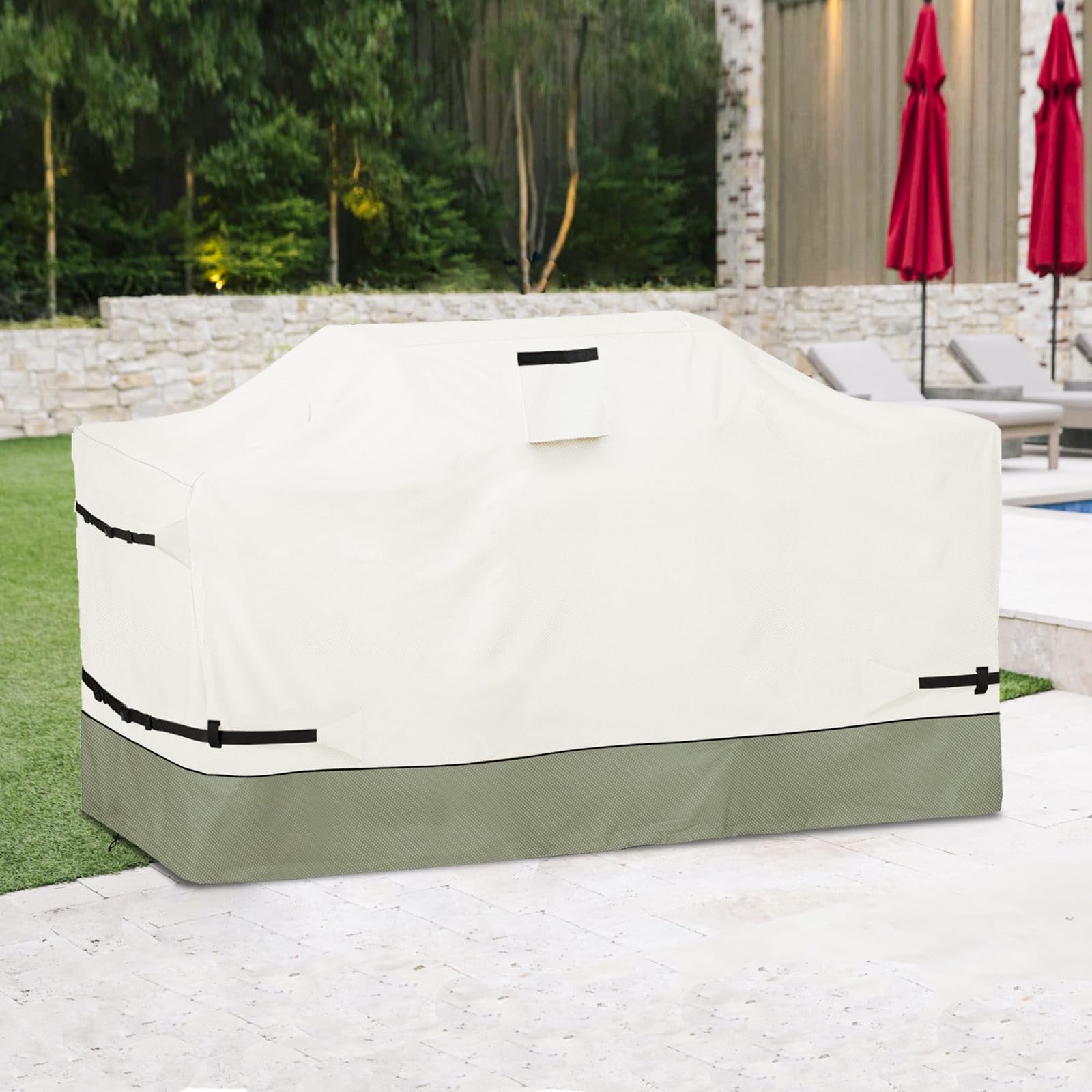 213,4 cm (86 Zoll) Inselgrill-Abdeckung, schwer, 600D, wasserdicht, Allwetterschutz, Outdoor-Abdeckung, Beige und Graugrün