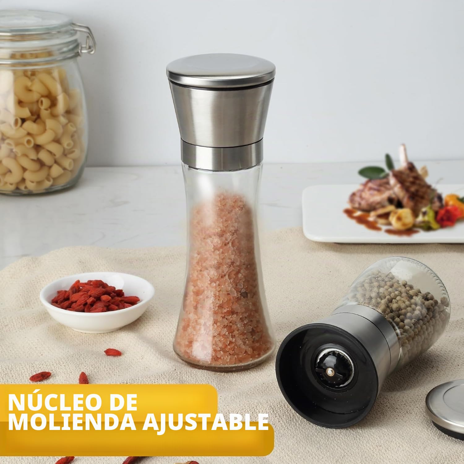 3 Piezas Molinillo de Sal y Pimienta, Molinillos de Pimienta y Sal Molinillos de Especias Vidrio Molinillo Pimienta Molinillo de Cerámica Ajustable, 200ML
