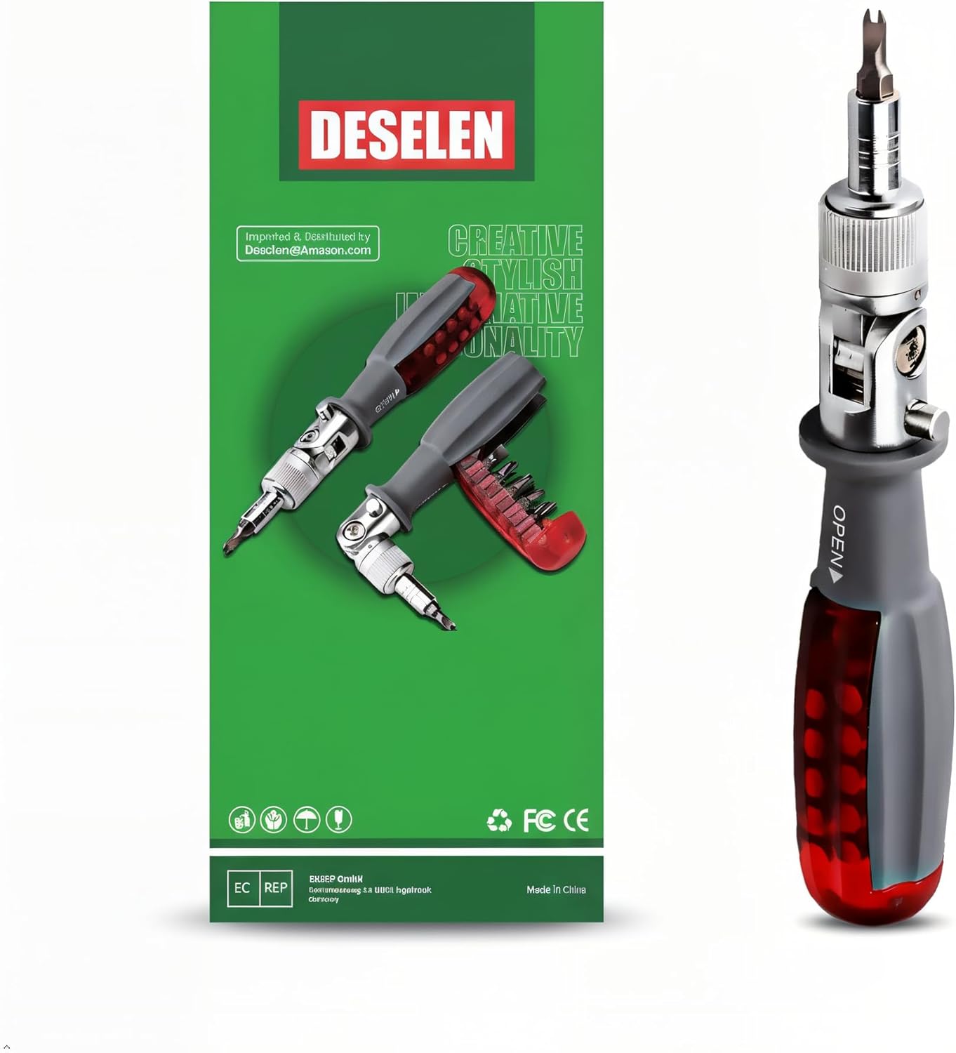 10-in-1 Ratcheting Screwdriver Set with 180° Pivot Head, Magnetic Bits, All-in-Handle Design, Compact Multi-Bit Tool for Home DIY, Electronics and Car Repair, Red (Red)