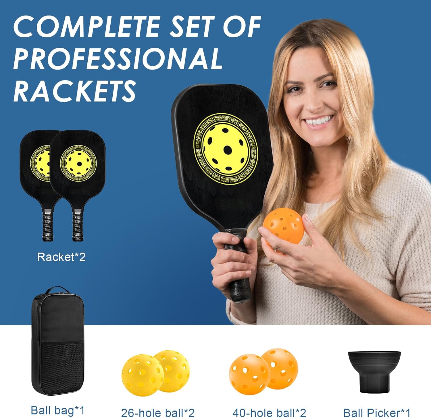 Pickle Ball Set Pickleball Paddles Set of 2 Carbon Fiber Pickleball Paddle Includes 4 Balls, 2 Ball Pickers, 1 Ball Bag Best Gifts for Junior and Professional Pickleball Equipment