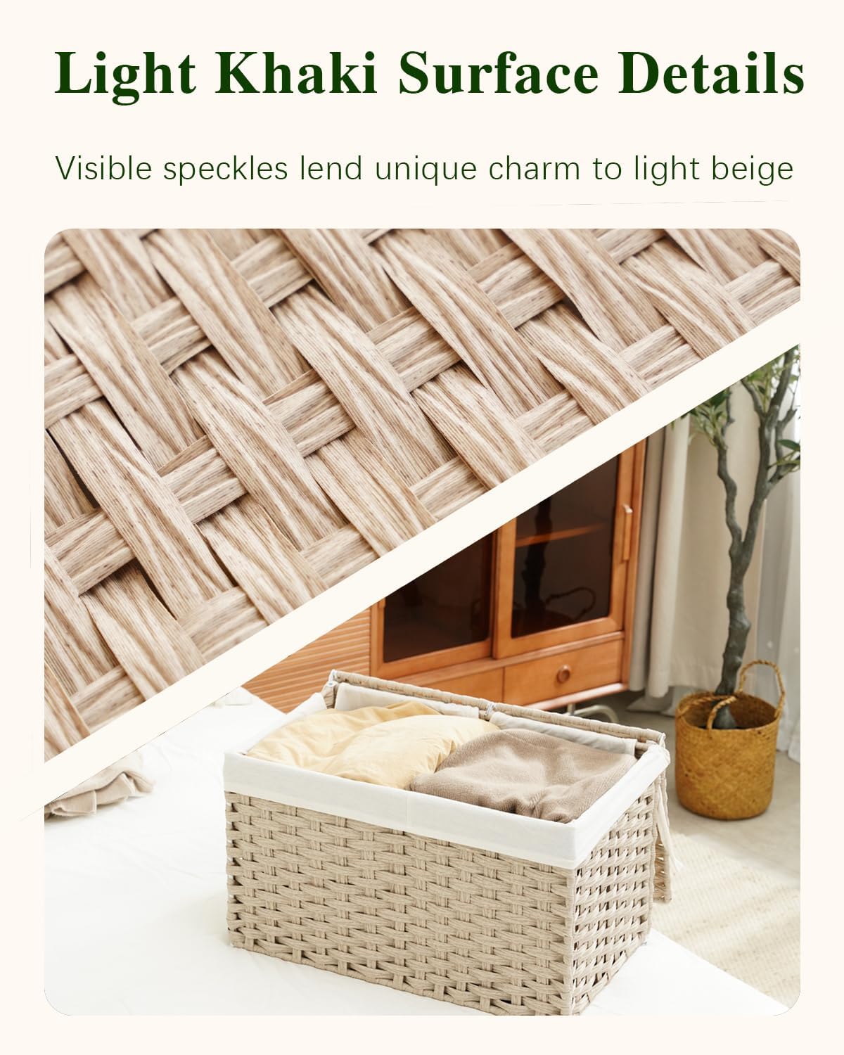 SETVSON Storage Basket with Lid Rattan Woven Storage Baskets with 2 Separate Lids, 17.2 Gallon (65 L) Wicker Storage Bins Foldable 2 Removable Liner Bags Handles for Bedroom, Laundry Room Light Khaki