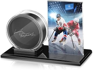 Hockey Puck and Card Display Case Acrylic Clear Holder Black Base Ring Stand Set Hockey Puck Centerpieces Protector Memorabilia Showcase