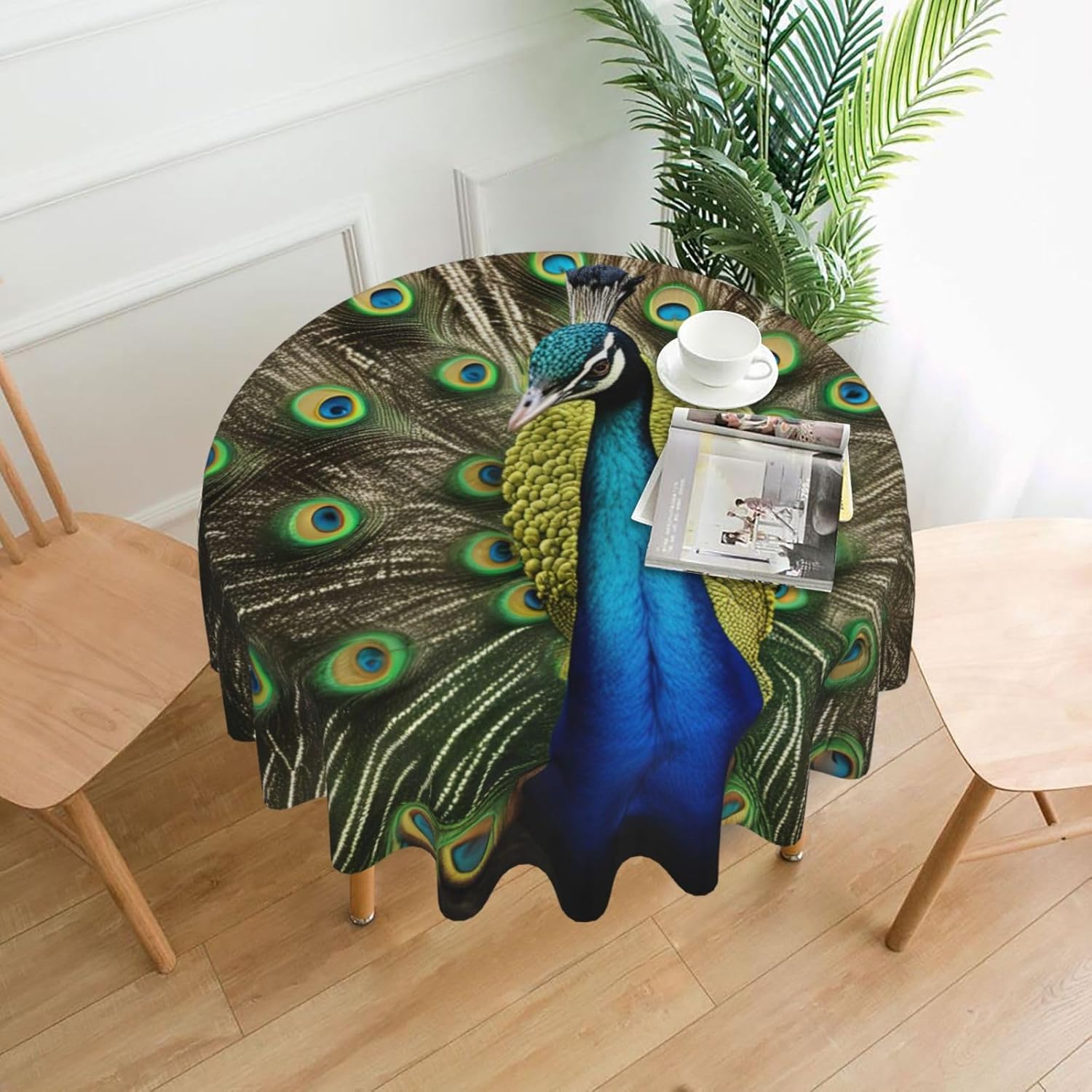 Peacock Feather Print Wrinkle Free Dining Table Cover for Birthday Party Farmhouse Tablecloths Up to 60 x 60 Inches
