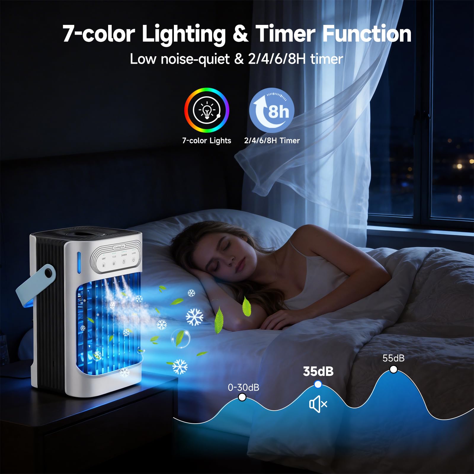 XTTANK Enfriador de Aire Portátil con Tanque de 800ml, 4 en 1 Acondicionador con 3 Velocidades y Modos Nebulización, Luz 7 Colores, Temporizador 2-8H, Mini Aire Evaporativo para Hogar/Oficina - 5