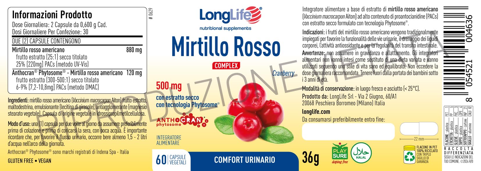 LongLife® Mirtillo Rosso Complex | Comfort urinario | Funzione depurativa e antiossidante | 1 mese di trattamento | Vegano e senza glutine