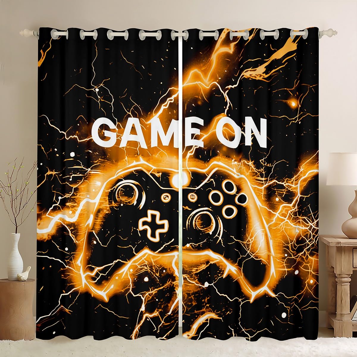 Homemissing Boys Gamer Curtains for Bedroom Living Room W46*L54 Gaming Darkening Dreapes Decor Game Room Decor Blackout Curtains Gamepad Window Treatments Orange Black