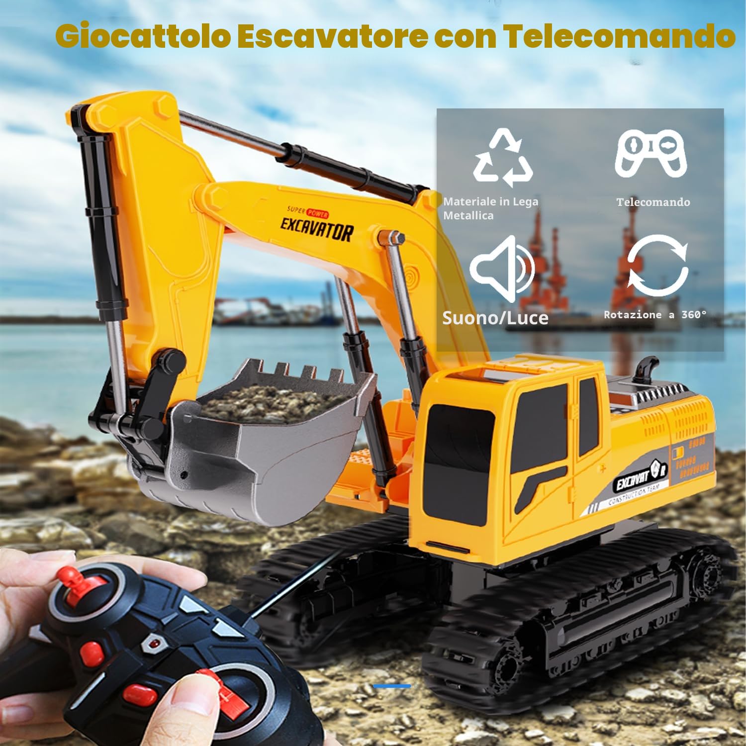 Escavatore telecomandato, scavatore giocattolo telecomandato, scavatore di sabbia ingegneria, giocattolo per veicoli da costruzione, escavatore RC giocattolo per bambini