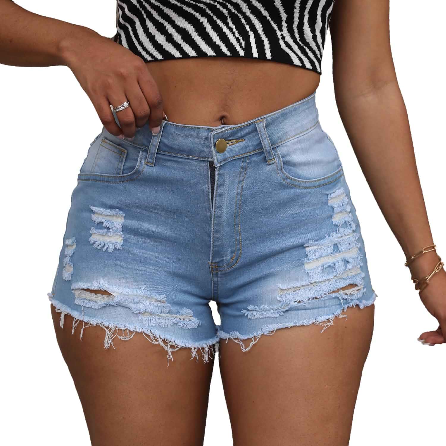 Yyibsones Women's Hole Denim Jeans Ripped Stretchy Denim Shorts Frayed Raw Hem Shorts Jeans