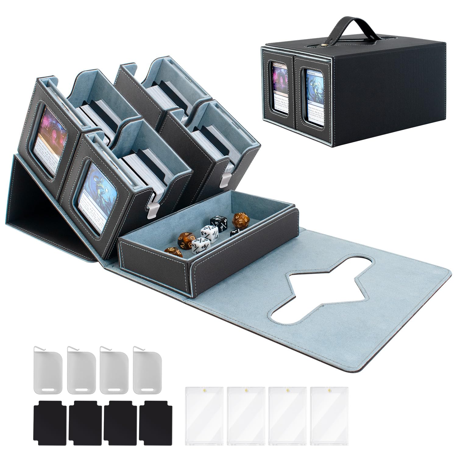 Henyopet Commander Deck Box for MTG 400+ Double-Sleeved Card Storage, Trading Card Storage Box with Commander Display, Dice Tray for TCG PTCG EDH, 4 Toploaders, 4 Stoppers, 4 Magnetic Card Holder