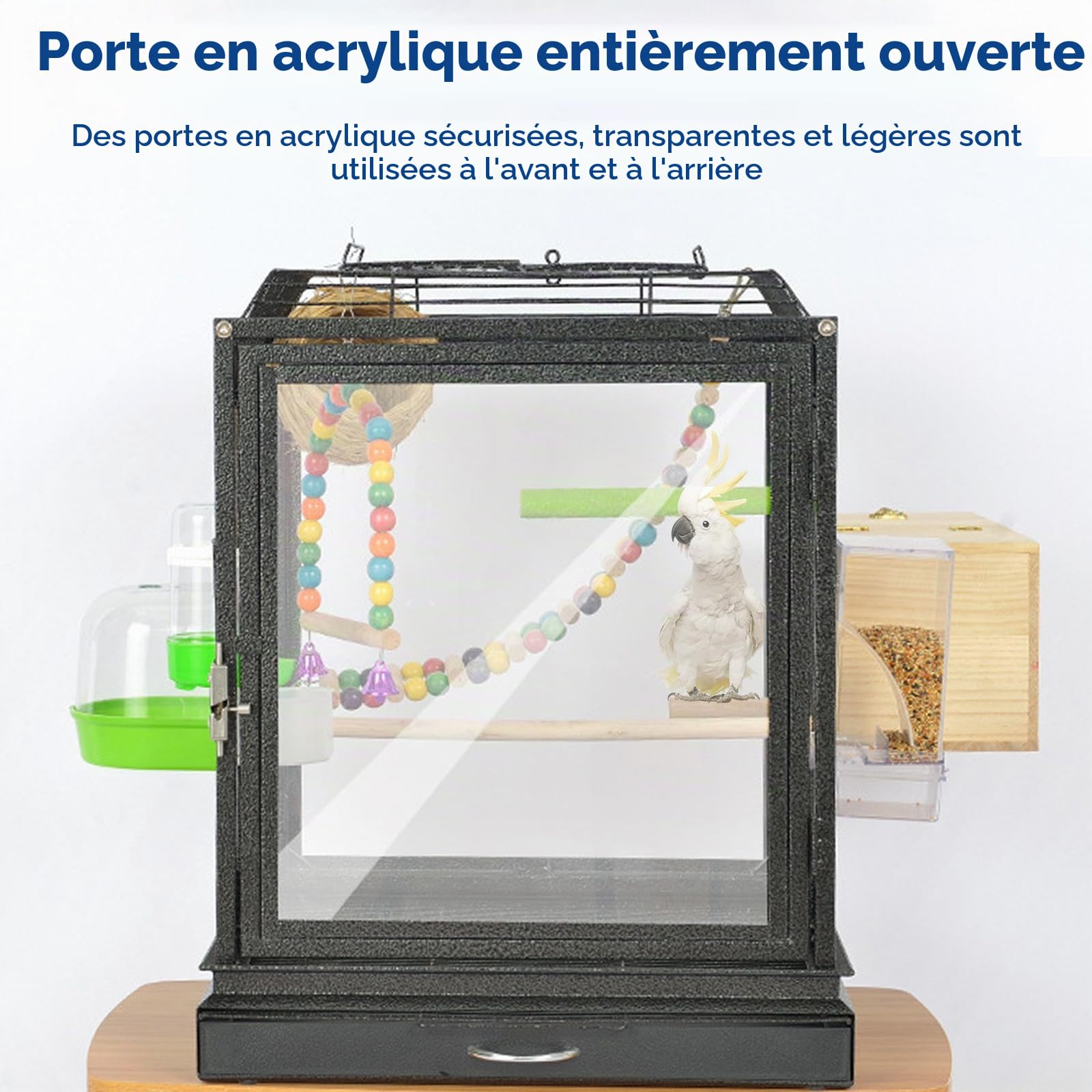 Cage à oiseaux en acrylique avec abreuvoir et 2 mangeoires à oiseaux en acrylique sur pied, plateau de fond et perchoir en bois, 46,5 x 45,5 x 102 cm