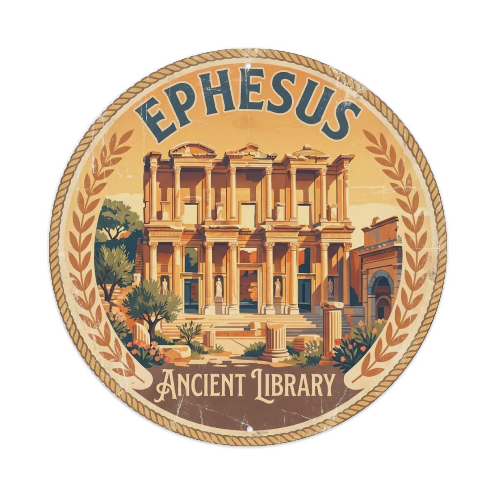 Vintage Travel Ephesus Turkey Library Metal Tin Sign Plaque Wall Decor for Cafe, Club Bar, Office, Home Garden Round Metal Poster 8x8Inch