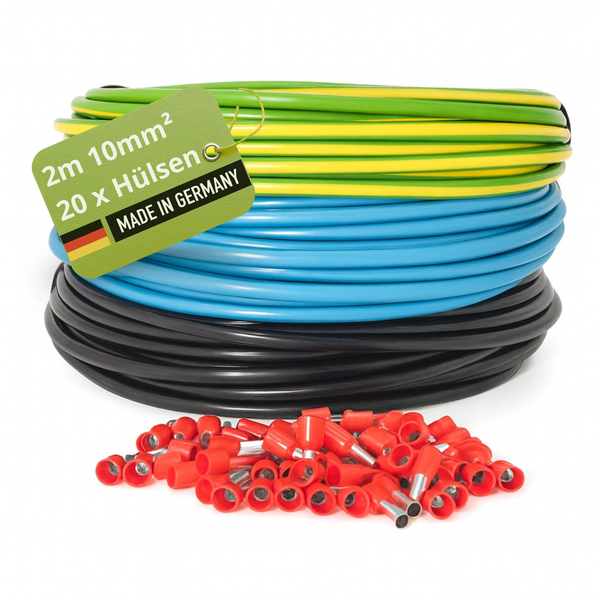 INVOLT H07V-K Verdrahtungsleitung Set, 10 mm², 3x2m Einzeladern, Schwarz/Blau/Grün-Gelb, VDE-zertifiziert